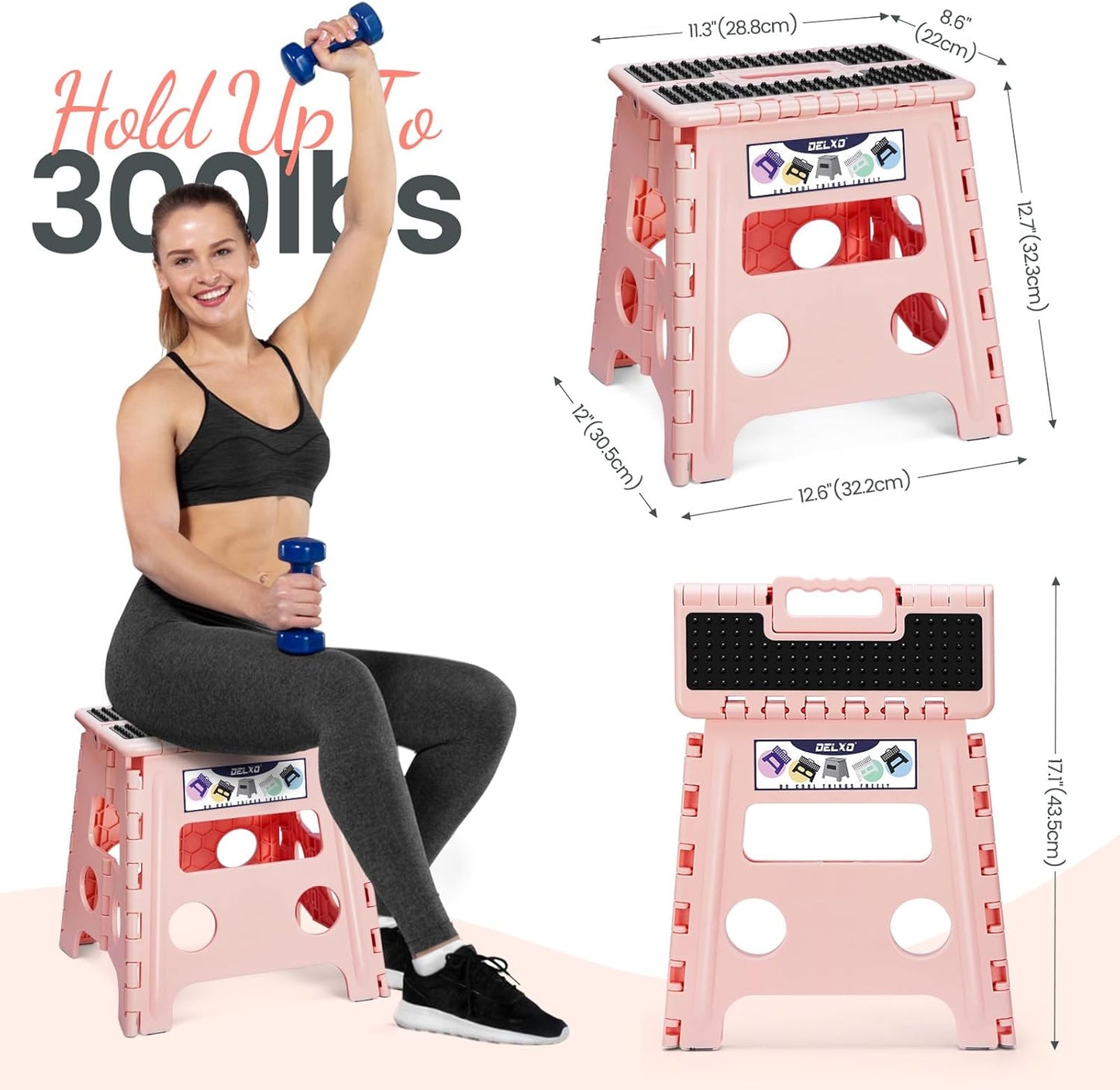 Delxo Folding Step Stool 13 Inch,Non-Slip Foldable Stools for Up to 300 LBS,Kitchen Collapsible Fold Up Stepping Stool with Dotted 1 Pack,Pink