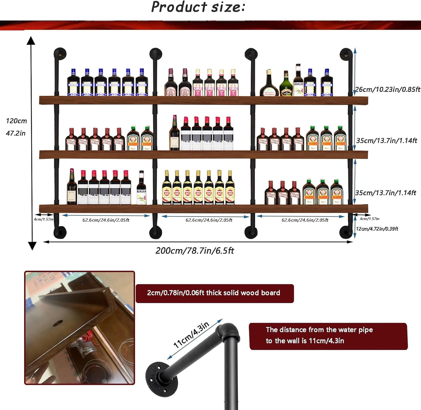 78.7in Large Wine Rack with LED Light Solid Wood Wall Mounted Wine Rack, 3-Tiers Liquor Bottles Floating Shelves Display Storage Organizer for Home Bar & Dining Room (200cm/78.7in)