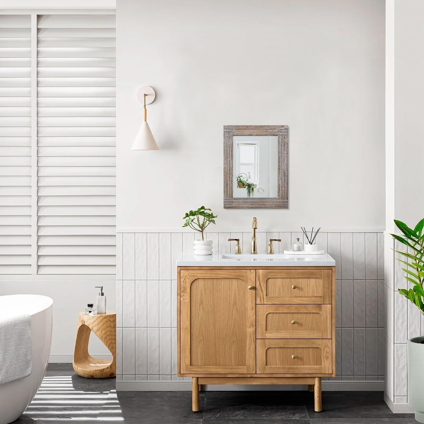 Rustic Wood Framed Wall Mirror Farmhouse Rectanglular Vintage Antique Decor Hanging Mirror for Bathroom Bedroom Living Room Entryway Small