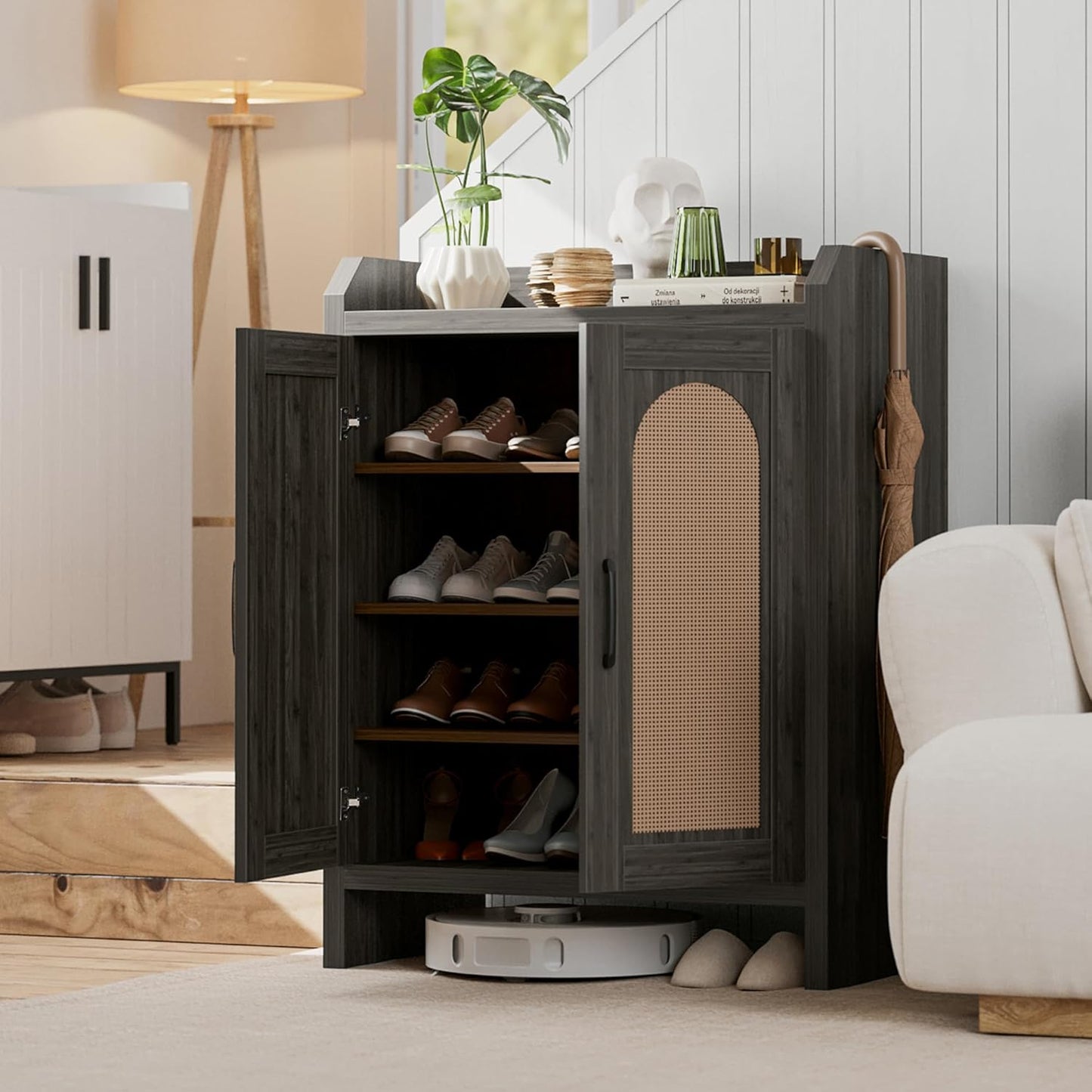 Shoe Cabinet Storage for Entryway, Natural Rattan Shoes Cupboard, Wooden Shoe Rack with Doors and Shelves, Farmhouse Boho Wood Shoe Organizer Cabinet for Hallway Black