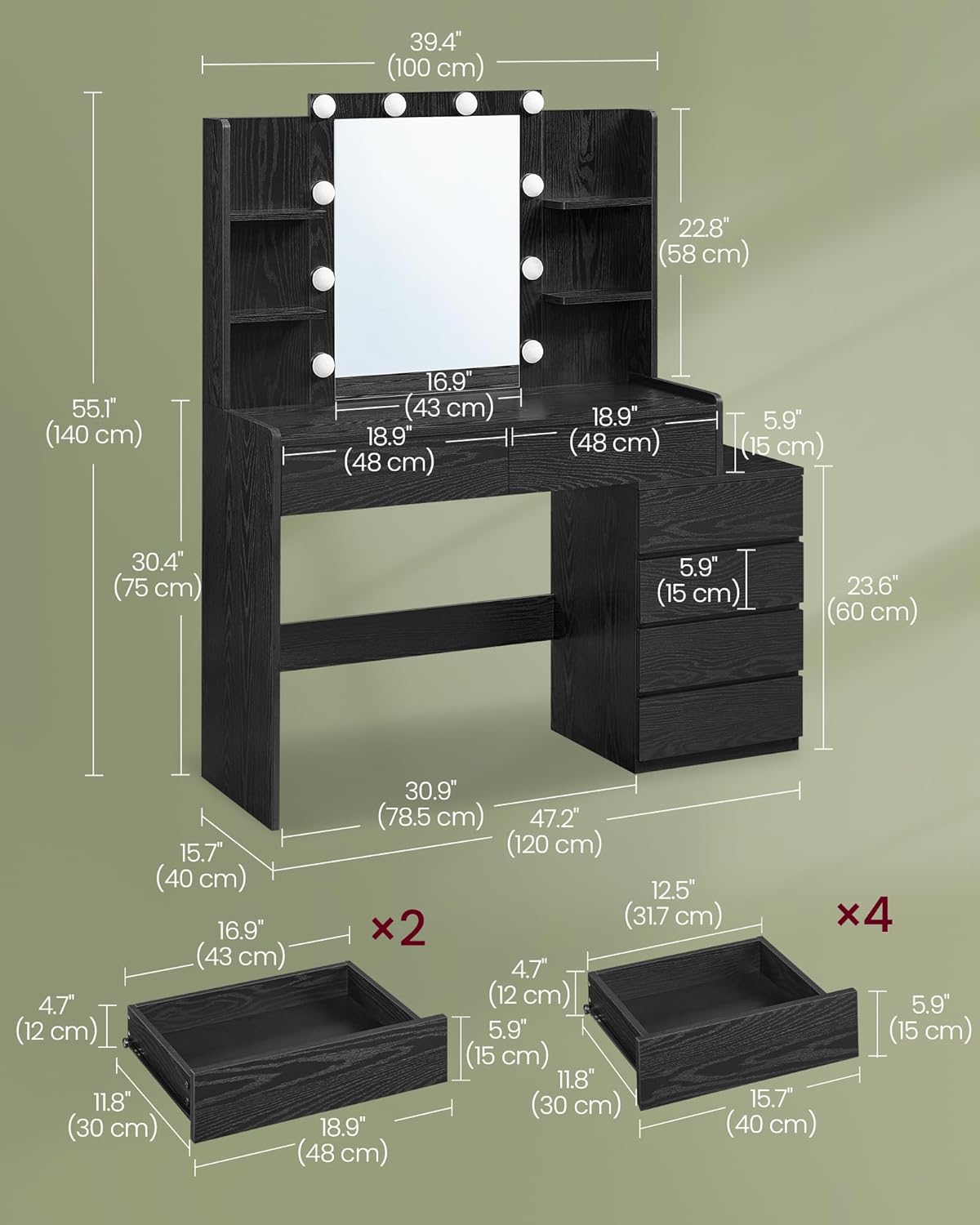 VASAGLE Vanity Desk with Mirror and LED Lights, Makeup Vanity with 6 Drawers, Vanity Table with 4 Open Shelves, 10 Dimmable LED Lights, for Bedroom, Dressing Room, Modern, Ebony Black URDT122B01