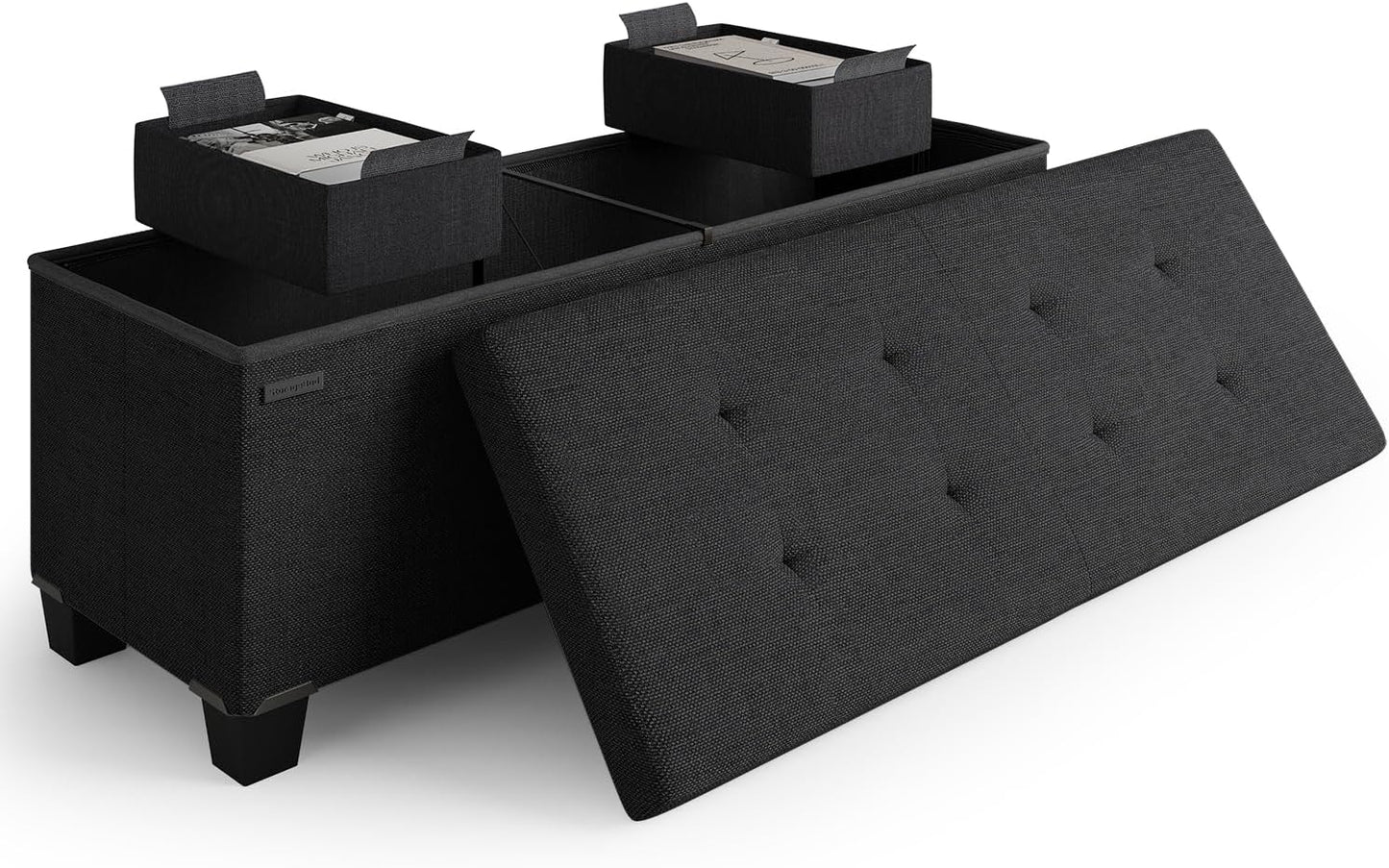 STORAGEBUD Storage Ottoman Bench with Bins, 43-in Storage Bench for Bedroom End of Bed, Folding Foot Rest Ottoman for Living Room Max 660lbs, Fabric Ottomans, Black