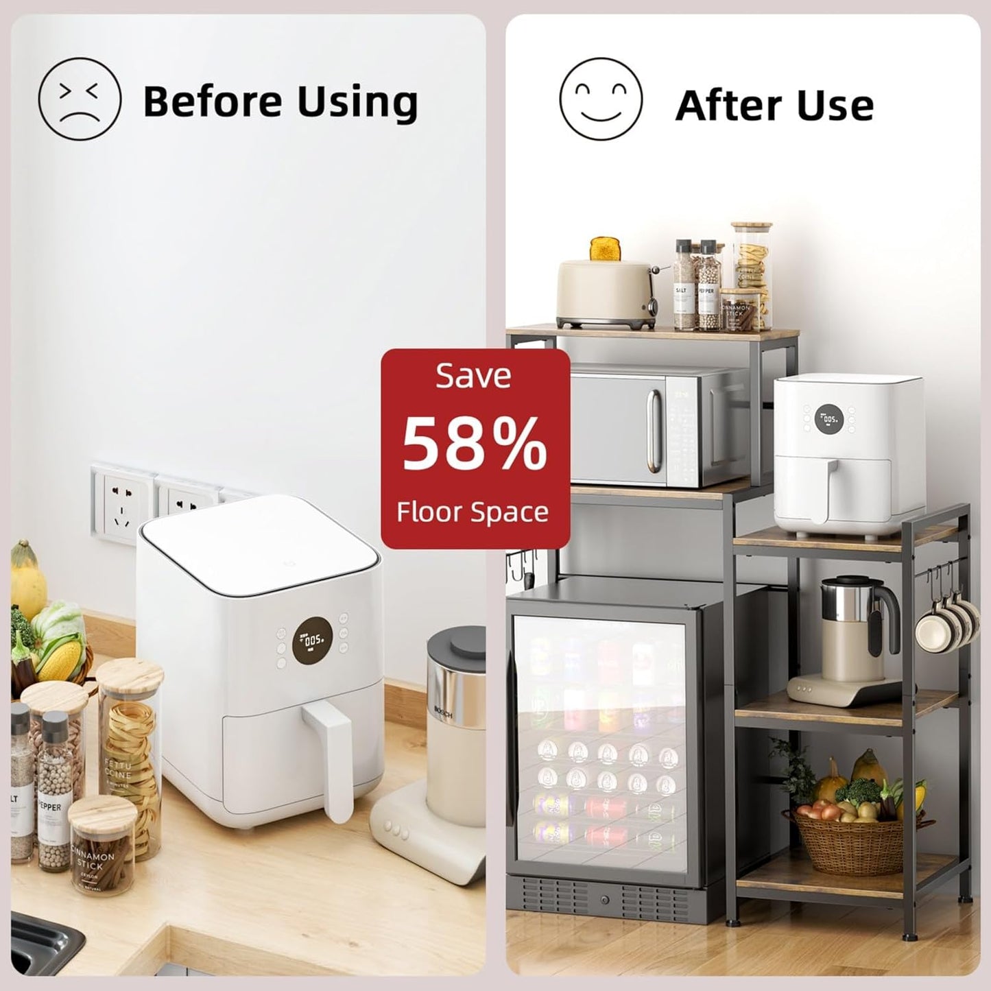 Mini Fridge Cabinet with Storage Shelves, Microwave Stand with Power Outlet, Coffee Bar Cabinet with Mini Fridge Space, Utility Storage Shelf for Home Kitchen Dorm Office