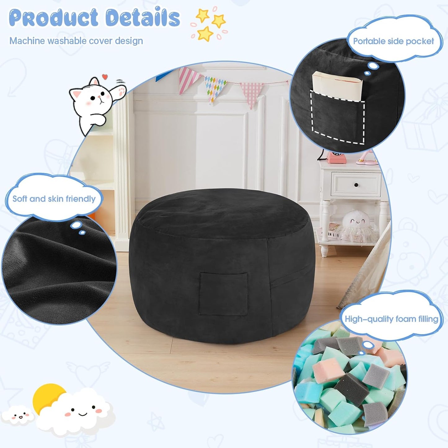 Kids Bean Bag Chair Bed - Convertible Lazy Chair to Floor Mattress with Filler - Small Beanbag Chair for Boys and Girls - Floor Couch Sofa in Bedroom, Classroom, Reading Nook - Carbon Black