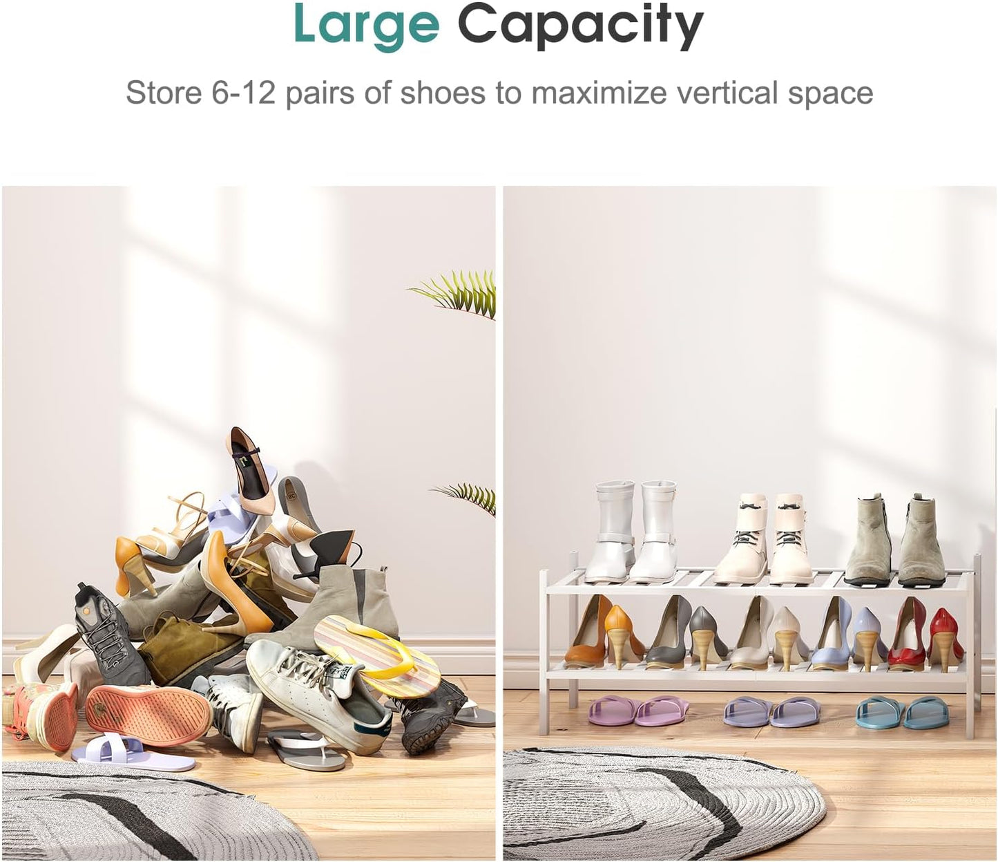 Long Shoe Rack for Entryway,Shoe Organizer for Hallway Closet, Bamboo Wood Shoe Racks for Indoor Outdoor (White, 2-Tier Long)