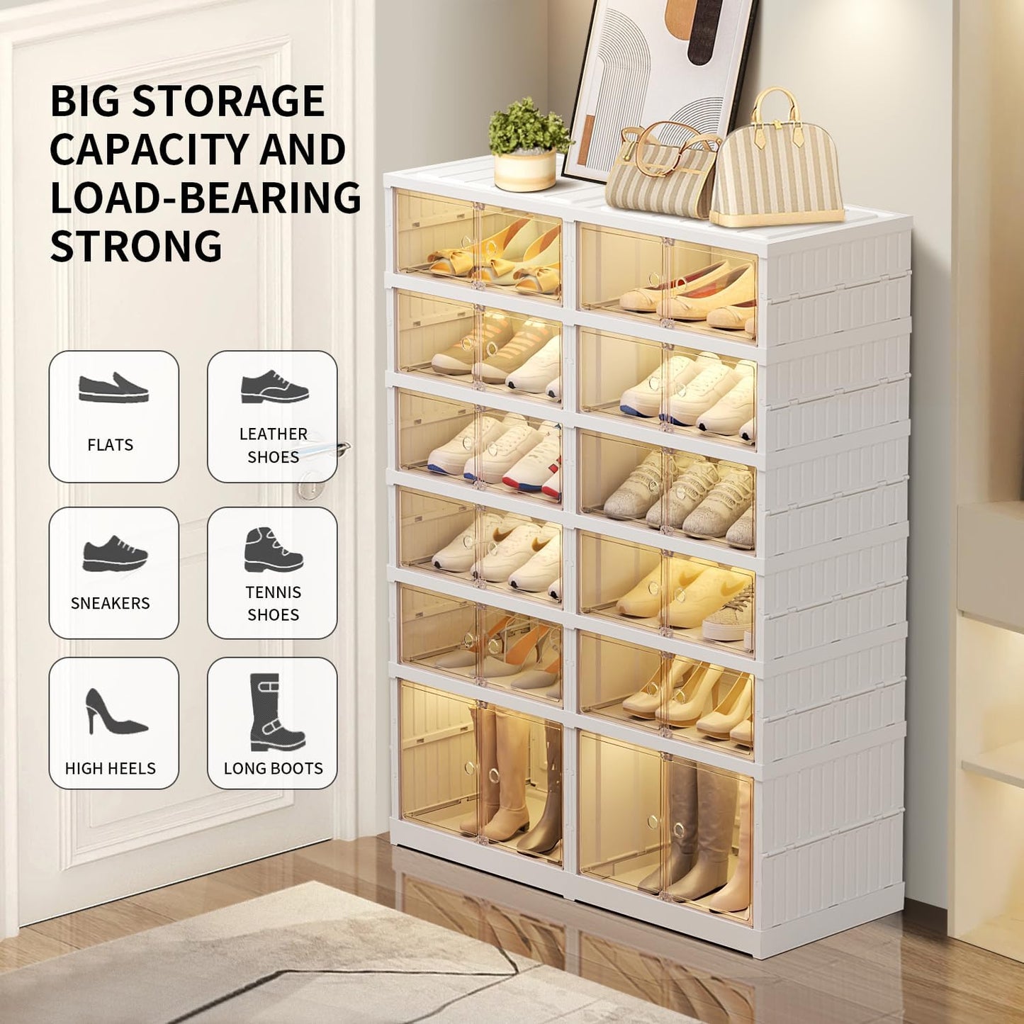 6 Tier Foldable Shoe Rack Organizer for Closet 12-24Pairs Plastic Collapsible Shoe Shelf for front door entrance Stackable Clear Folding Shoes Storage Boxes XLarge Shoe Cabinet