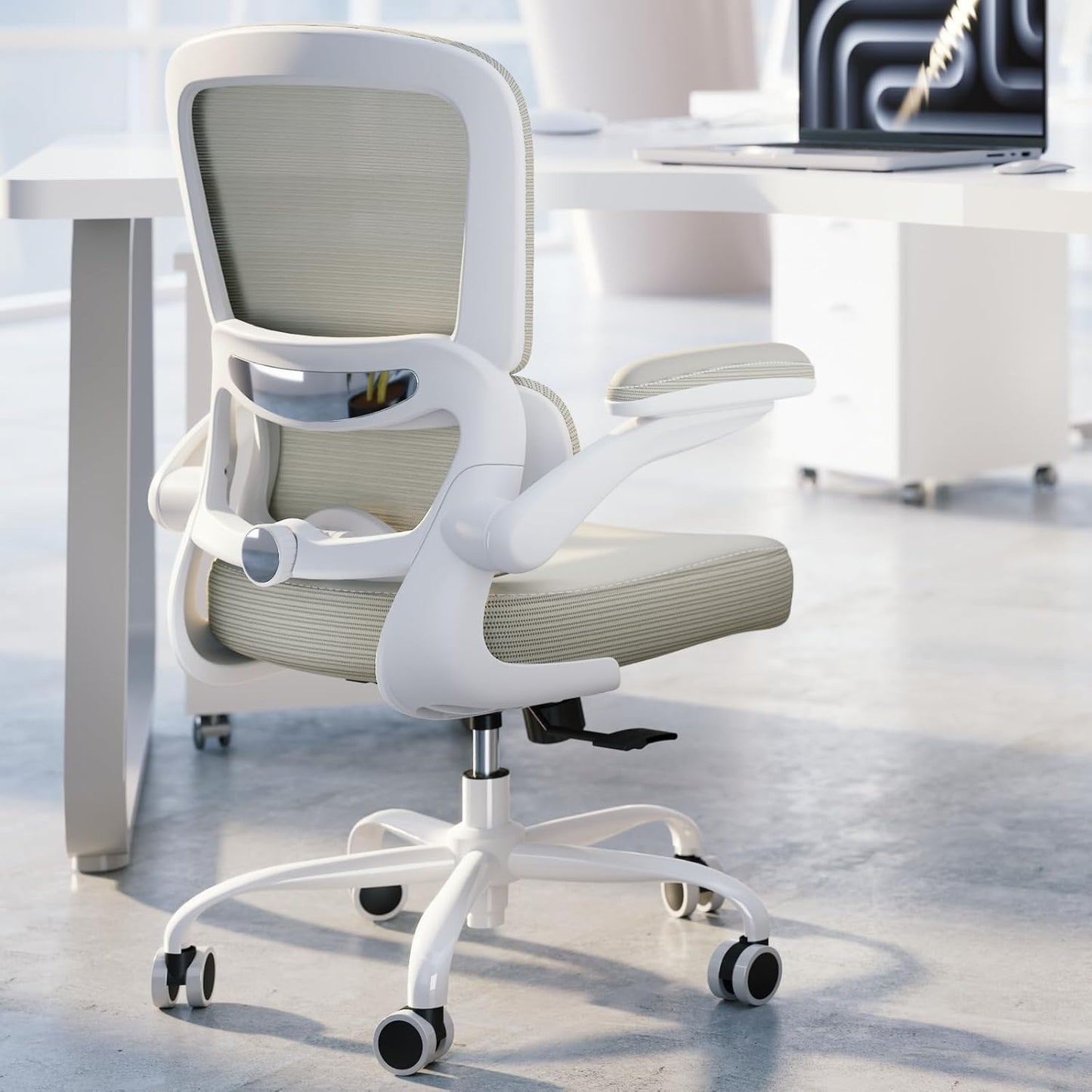 TRALT Ergonomic Office Chair - Desk Chair with Adjustable Lumbar Support Computer Chair - Mesh Comfy Chair with Flip-up Armrests - Gaming Chairs for Adults Home Office (Leather, Beige)