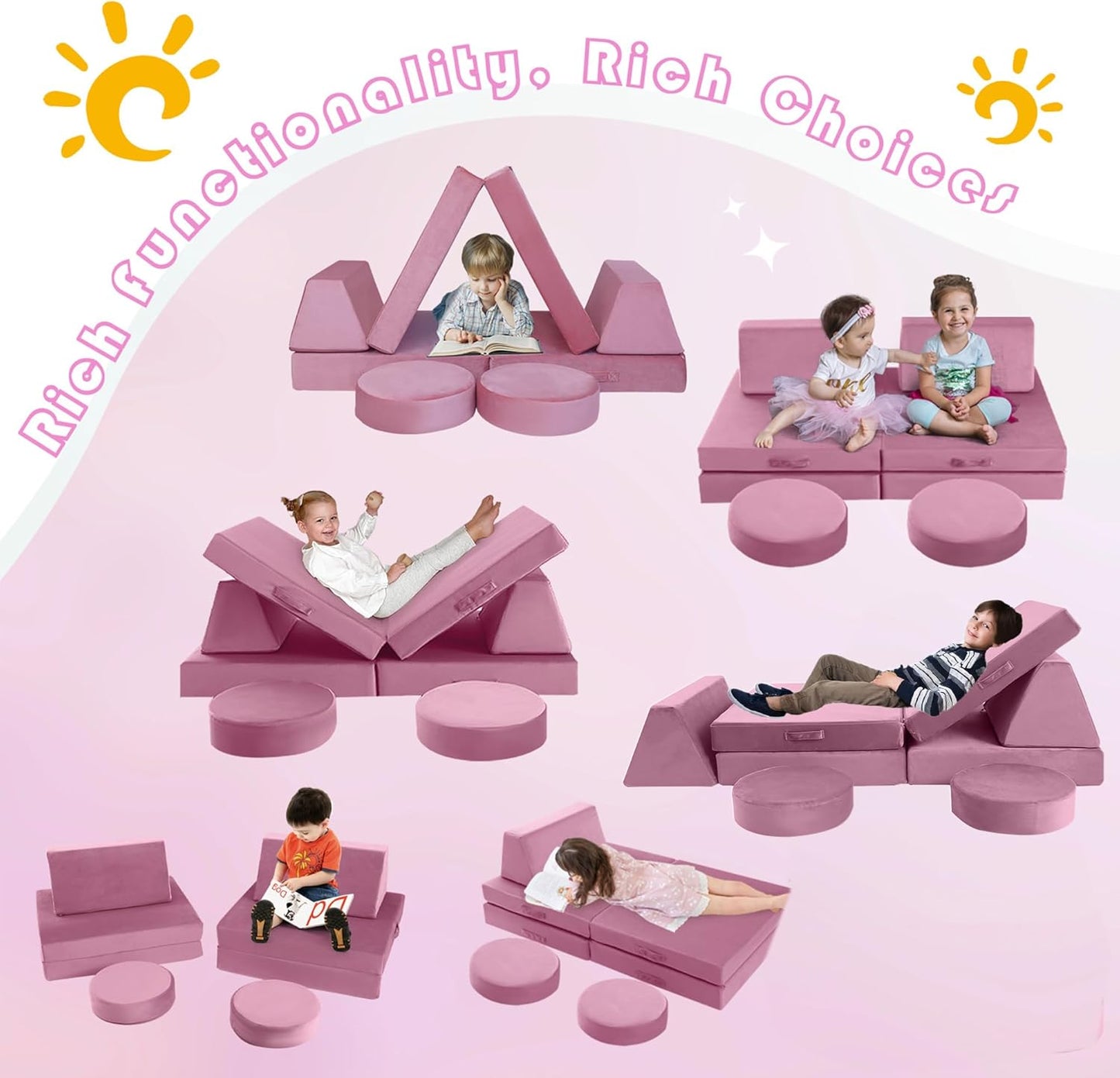 MeMoreCool 8-Piece Modular Kids Play Couch, Pink Convertible Foam Toddler Sofa Play Set for Playroom