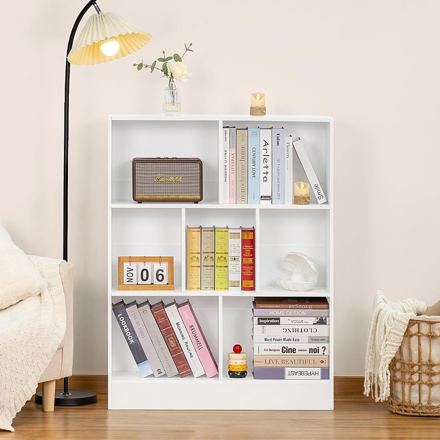 YAHARBO White 7 Cube Bookshelf,3 Tier Modern Horizontal Bookcase,Wooden Low Book Shelf Display Storage Cabinet with Base,Floor Standing Short Bookshelves Open Organizer for Bedroom,Living Room,Office