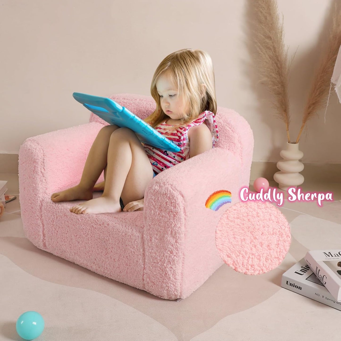 Kids Snuggly-Soft Sherpa Chair, Cuddly Toddler Foam Chair for Boys and Girls, Pink