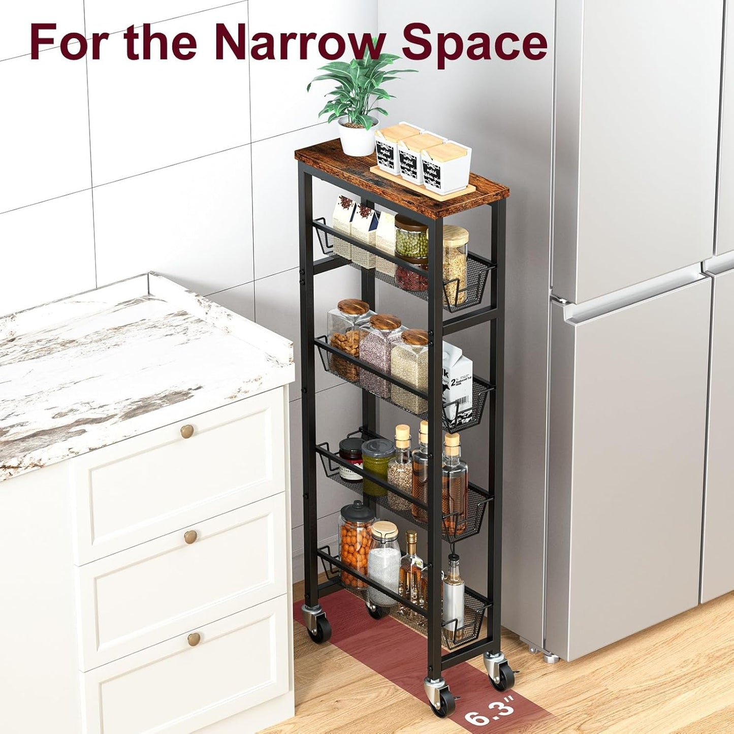 Honest Slim Storage Cart 5-Tier Slim Rolling Cart with Metal Frame and Wooden Top, 6.3 Inches, for Kitchen, Dining Room, Living Room, Bathroom, Home Office, Rustic Brown and Black