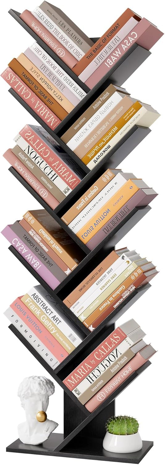 Hoctieon 10 Tier Tree Bookshelf, 10 Shelf Bookcase, Free Standing Tree Bookcase, Display Floor Standing Shelf for Books, Book Organizer Shelves for Home Office, Living Room, Bedroom, Black