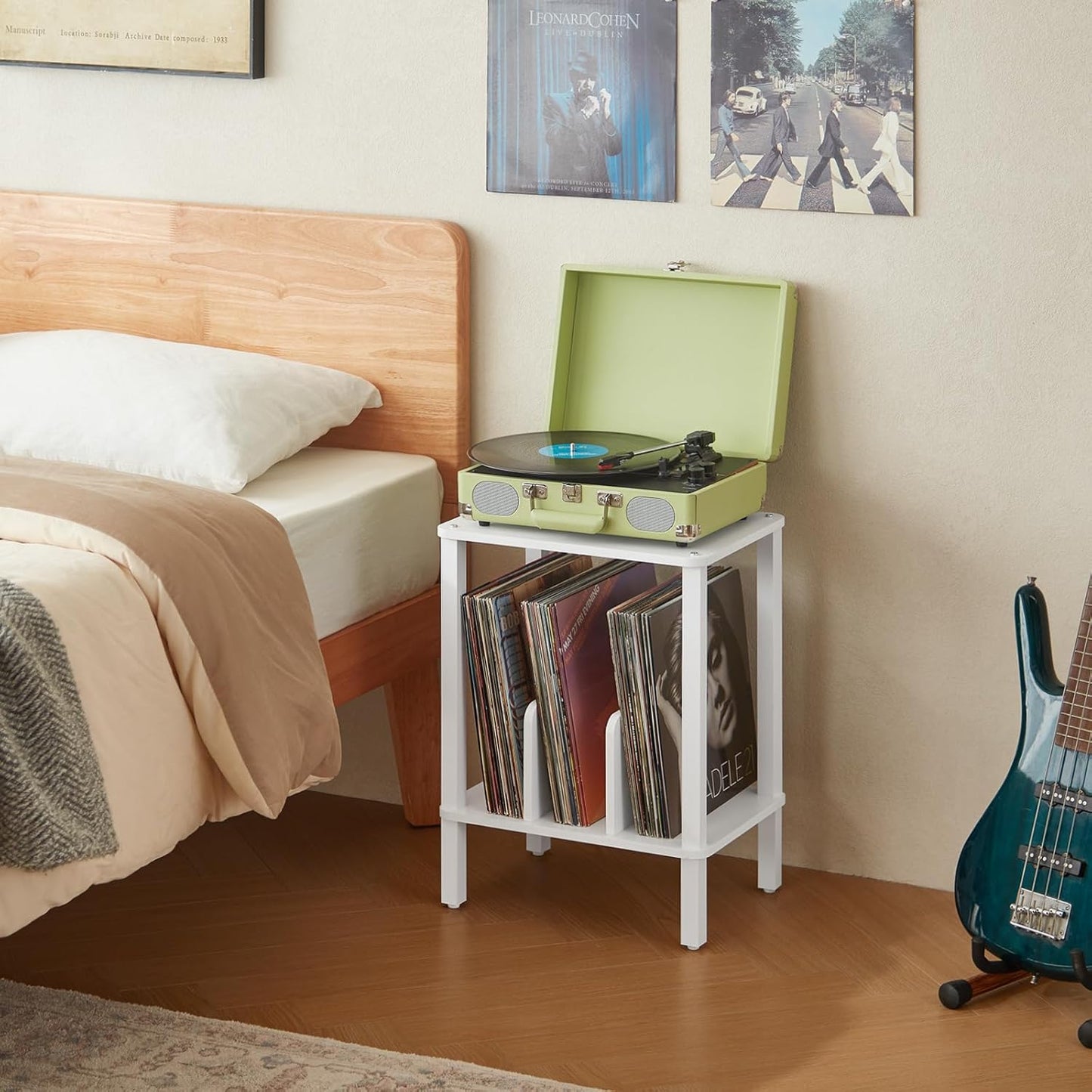 LELELINKY 2-Tier Bamboo Record Player Stand Set of 2 with Vinyl Record Storage up to 100 Albums, Boho Bedroom Record Holder and Multi-Functional End Table for Living Room, White