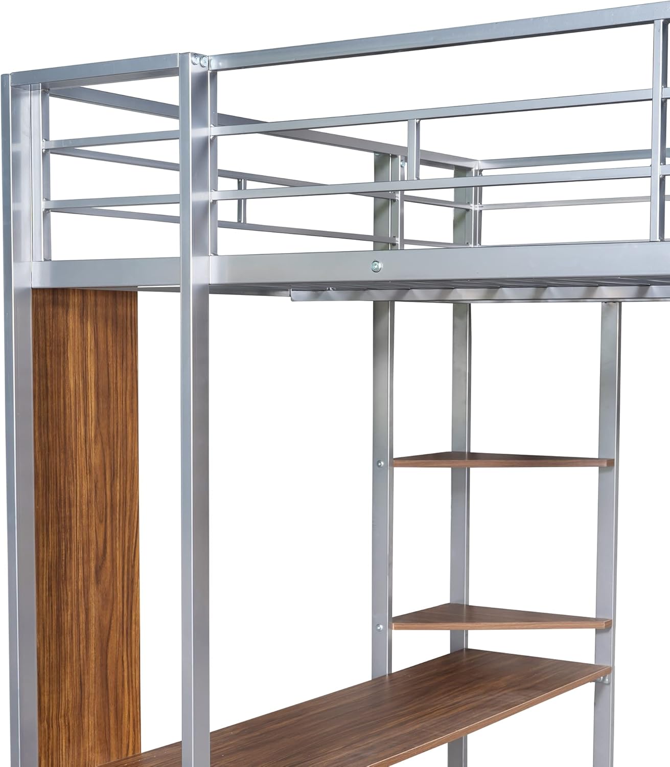 Full Size Metal Loft Bed with 2 Storage Shelves and 1 Desk,Steel Structure Bed Frame W/ 2 Build-in Ladders & Full-Length Guardrails,No Box Spring Needed,for Kids Teens Adults,Silver