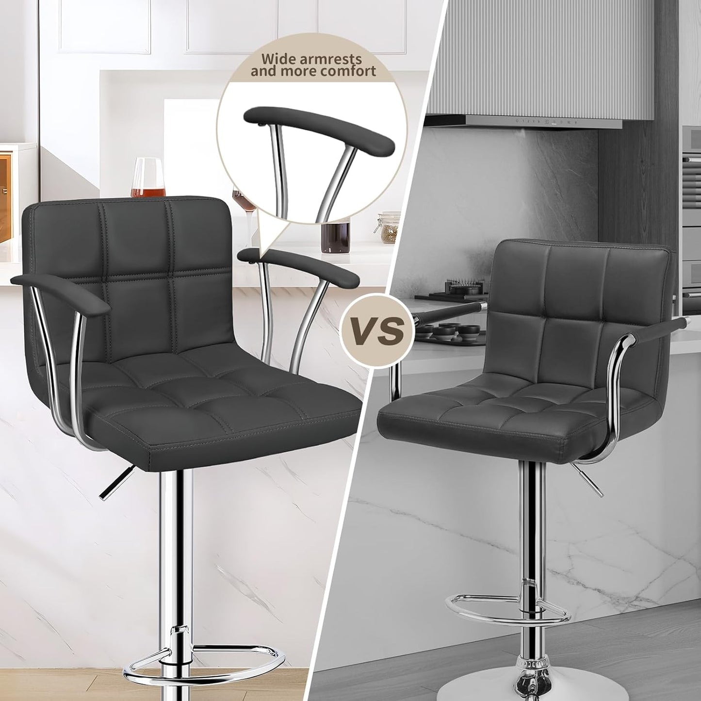 Bar Stools Set of 2,Armrest Adjustable Swivel Barstools with Back,Double Needle PU Leather Counter Height Bar Stools for Kitchen Island, Grey