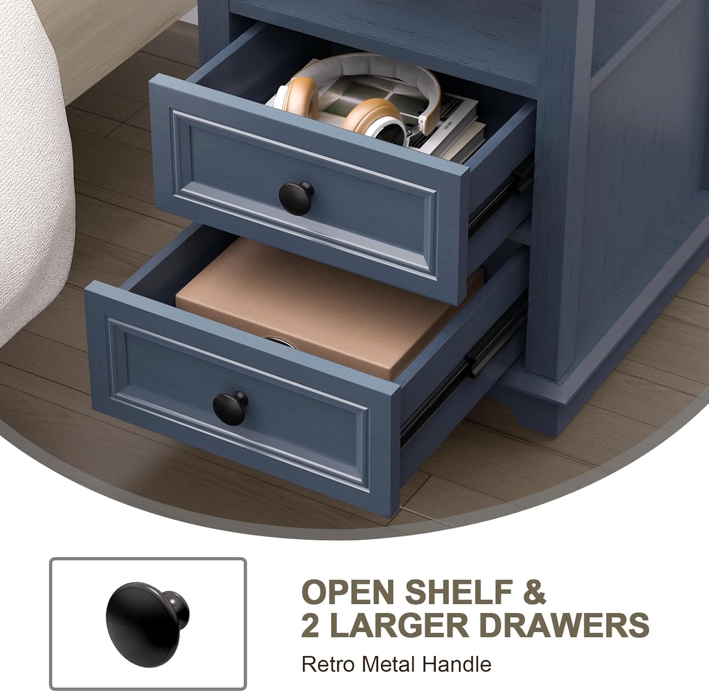 End Table with Fast USB C Charging Station, 18" Wide Tall Sofa Side Table with 2 Drawers, Large Storage Rustic Wood Square Storage Cabinet for Living Room,Bedroom,Office, Blue