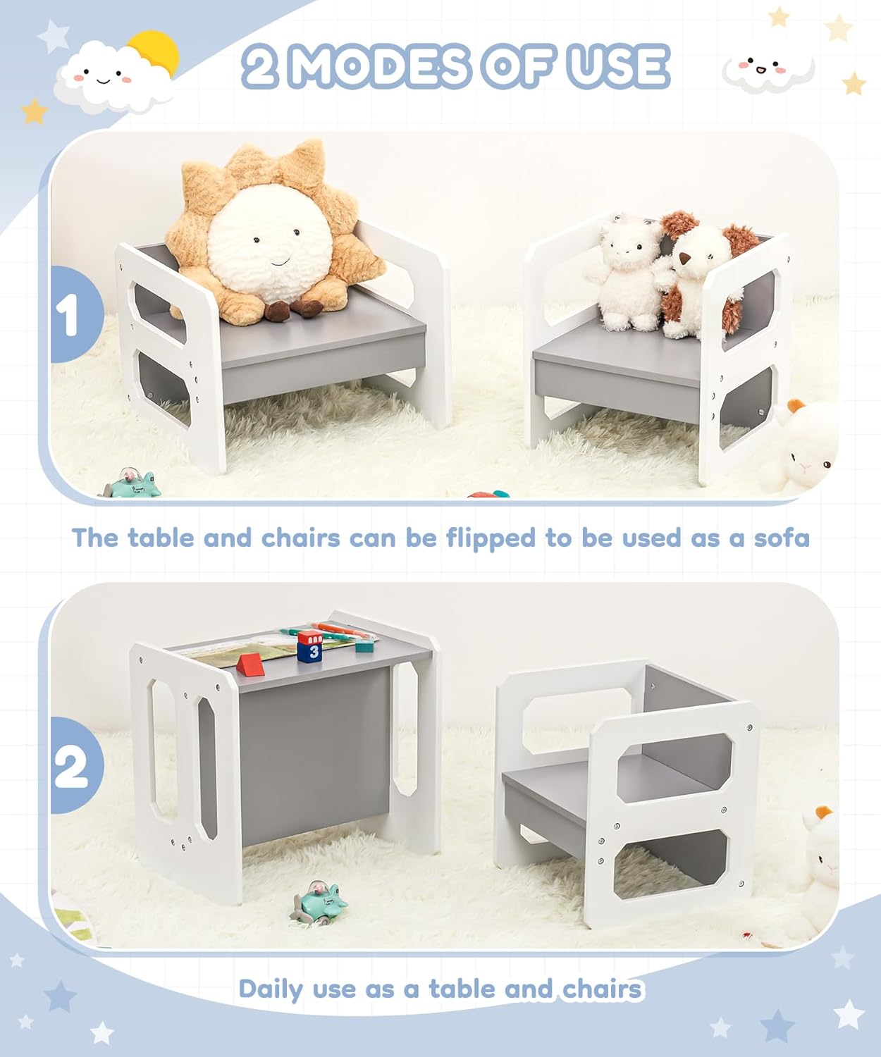 Kids Table and Chair Set, 3-in-1 Wooden Children's Furniture, Water Resistant, Easy to Clean,Toddler Weaning Table for Bedroom, Playroom, Living Room (Grey and White)