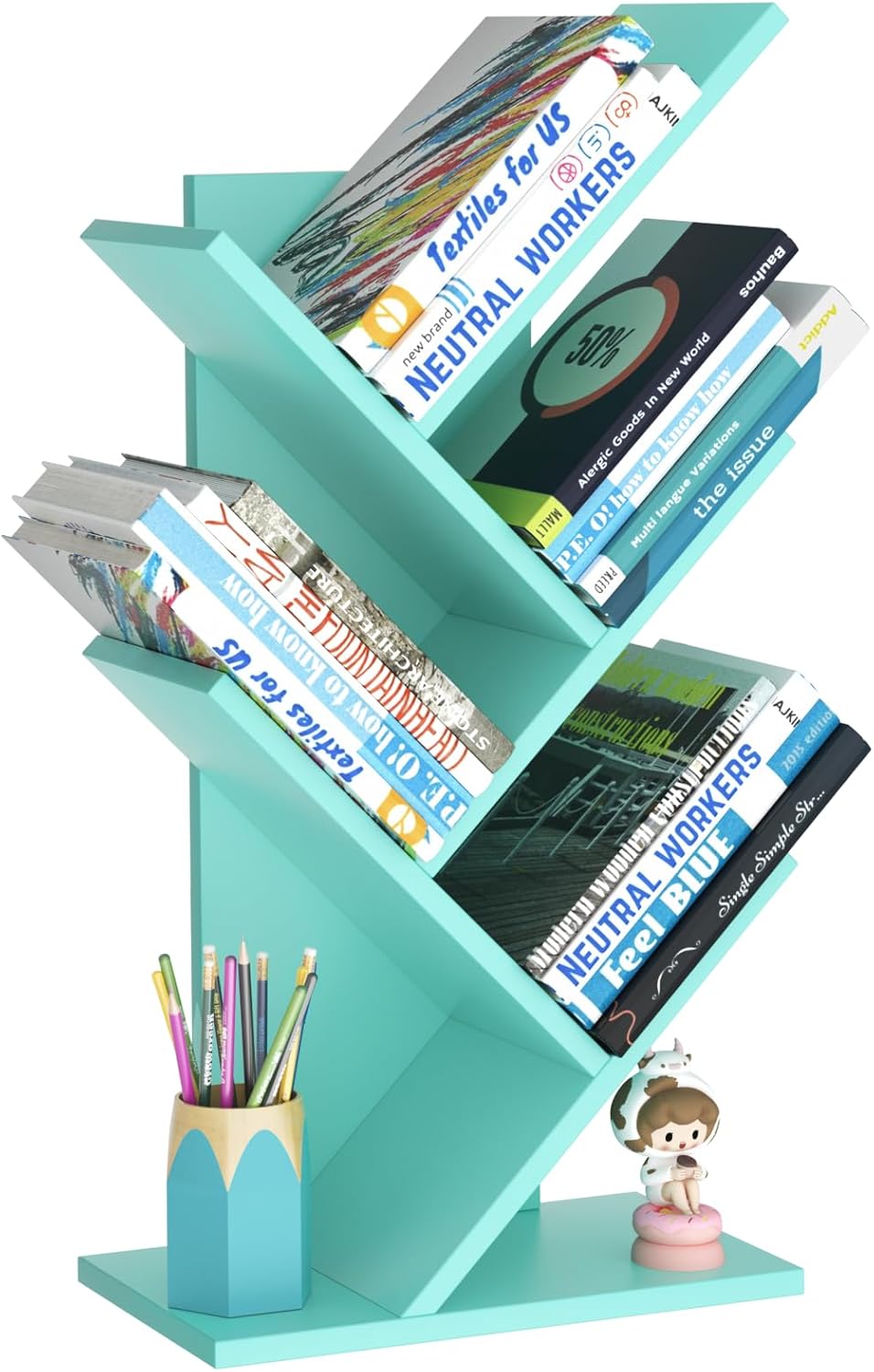 5 Tier Tree Book Shelf, Small Desktop Bookshelf with Storage Organizer, Wood Bookcase, Desk Display Bookshelves, Floor Standing Organizer Bookcases for Living Room,Bedroom,Office-Green