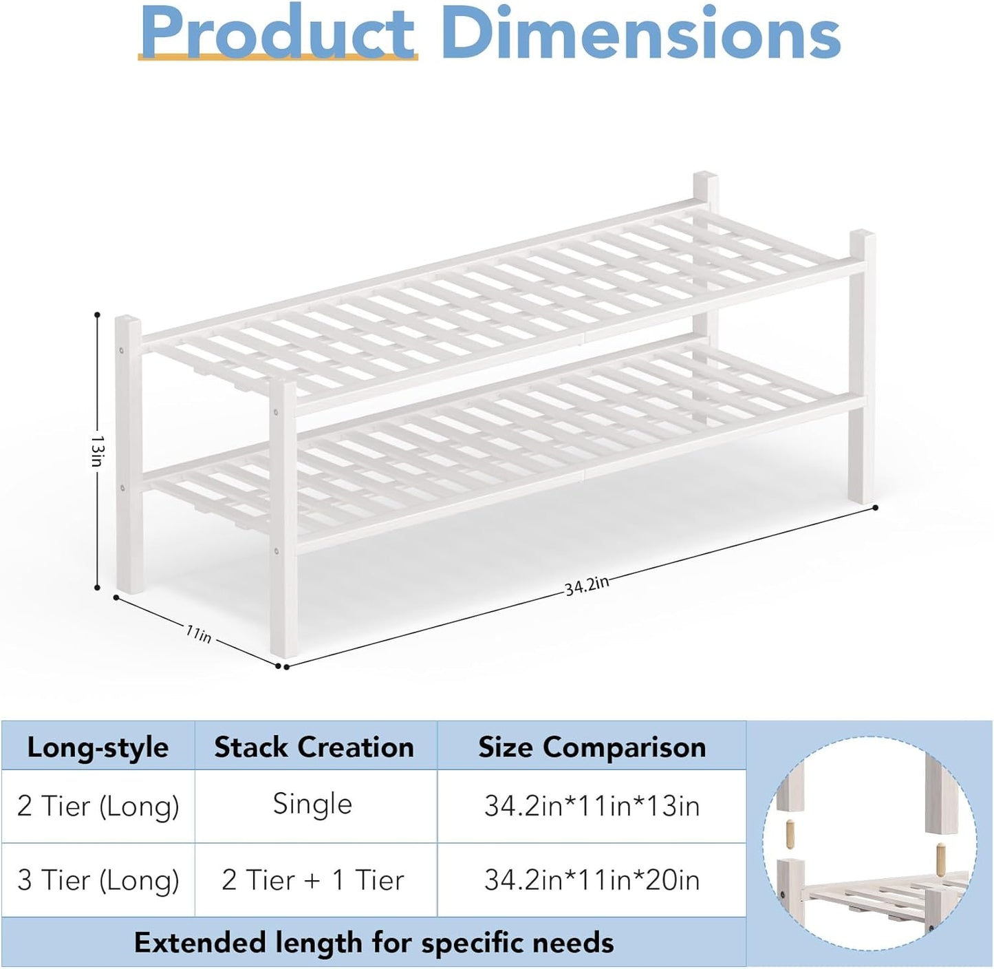 Haddockway Long 2 Tier Bamboo Shoe Rack Storage Organizer, Multifunctional Free Standing Stackable Shoe Shelf with Grid Panel for Closet,Hallway,Entryway,Small Space 34.2"x11"x13"(White, 2-Tier(Long))