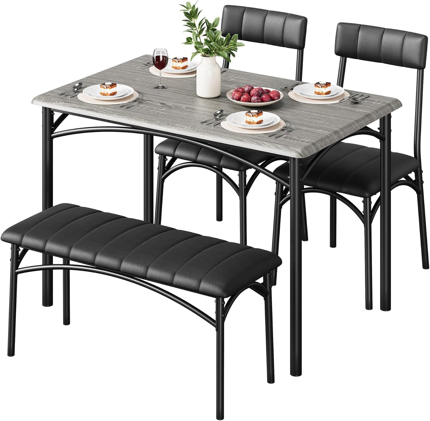 GAOMON Dining Table Set for 4 with Upholstered Bench and 2 Chairs, Rectangular Dining Room Table Set for 4 for Small Space, Apartment, Dinner, Rustic Gray