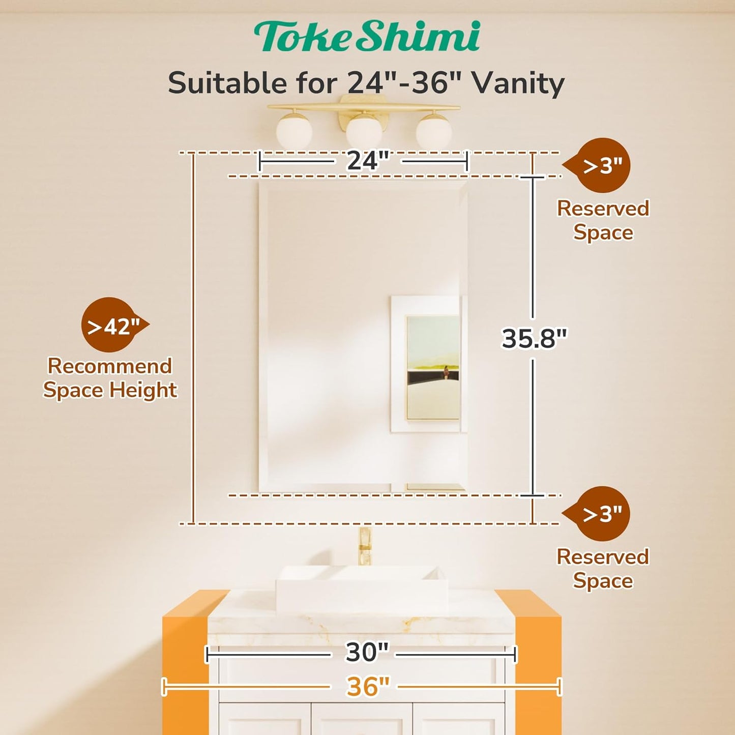 TokeShimi 24x36 Beveled Wall Mirror Decorative, Bathroom Vanity Mirrored with 1" Beveled Edge, Shatterproof Modern Frameless Mirror Bathroom Rectangle for Living Room, Entryway, Restroom