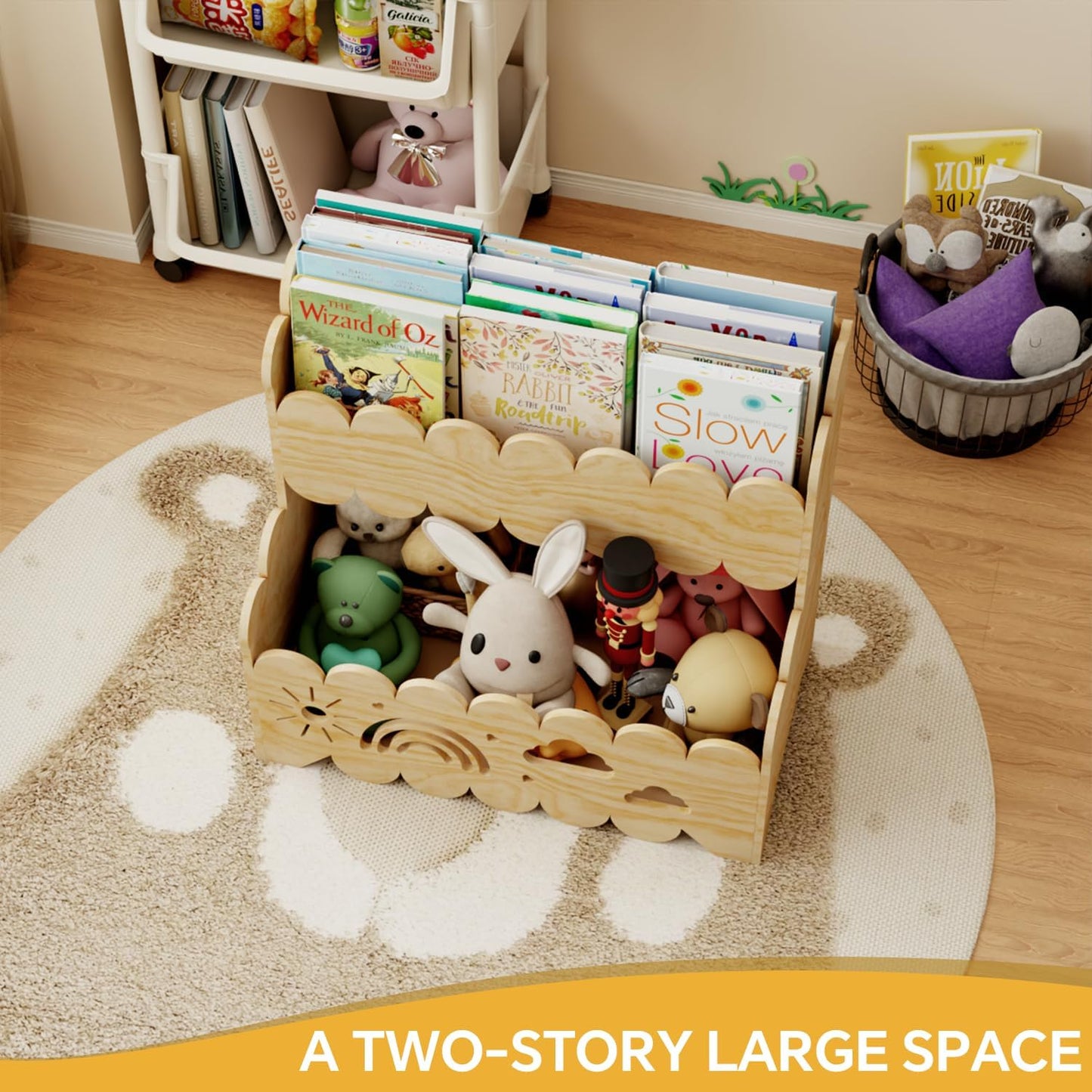 Wood 2-Tier kids bookshelf, Montessori Bookshelf, Suitable Kids Rooms, Nursery & Classroom, kids bookshelf and Toy Storage, Toddler Book Rack, Nursery Book Shelves