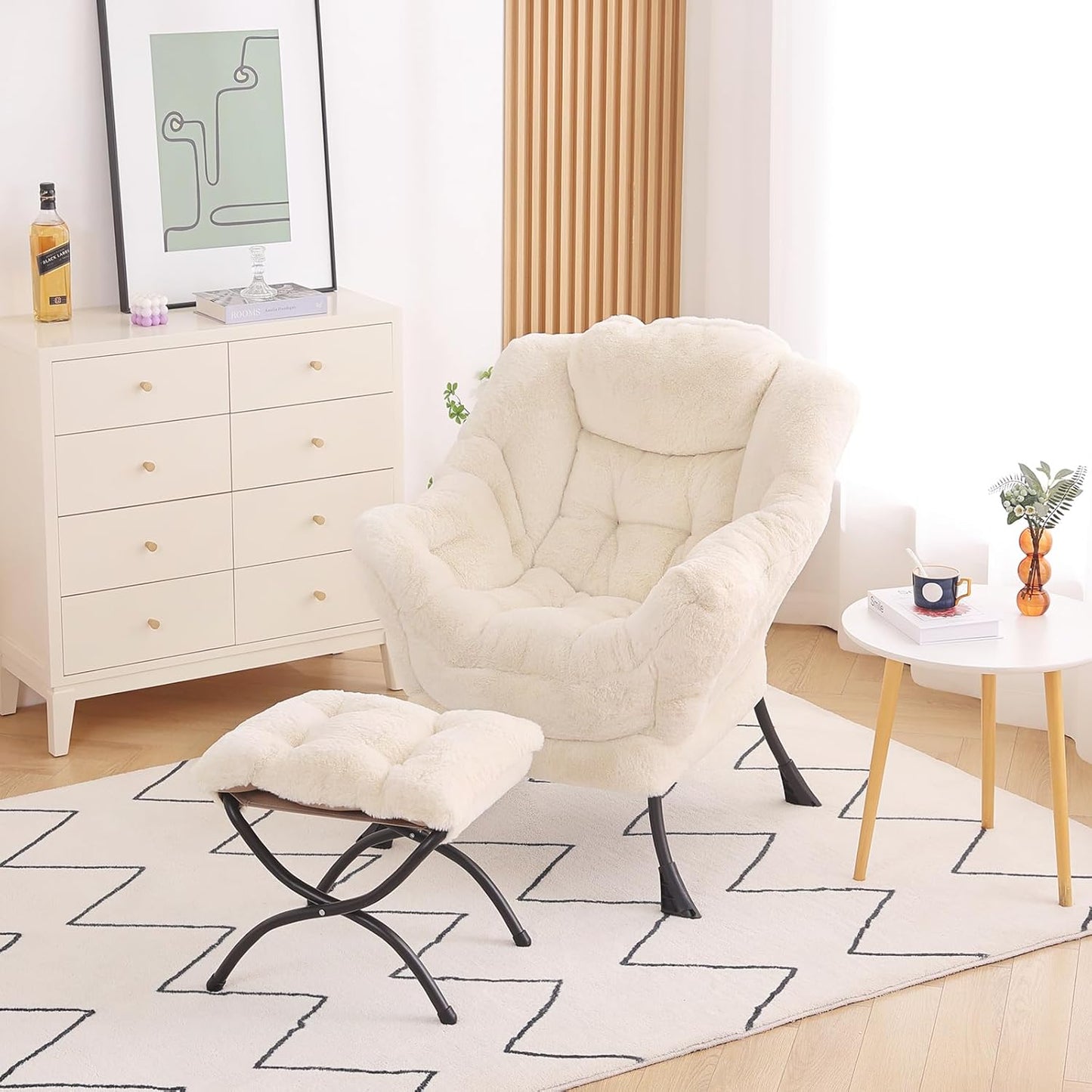 Lazy Chair with Ottoman, Modern Accent Chair Lounge Leisure Sofa Chair with Armrests, Reading Chair and Folding Footstool for Living Room, Bedroom, Office, Plush Beige