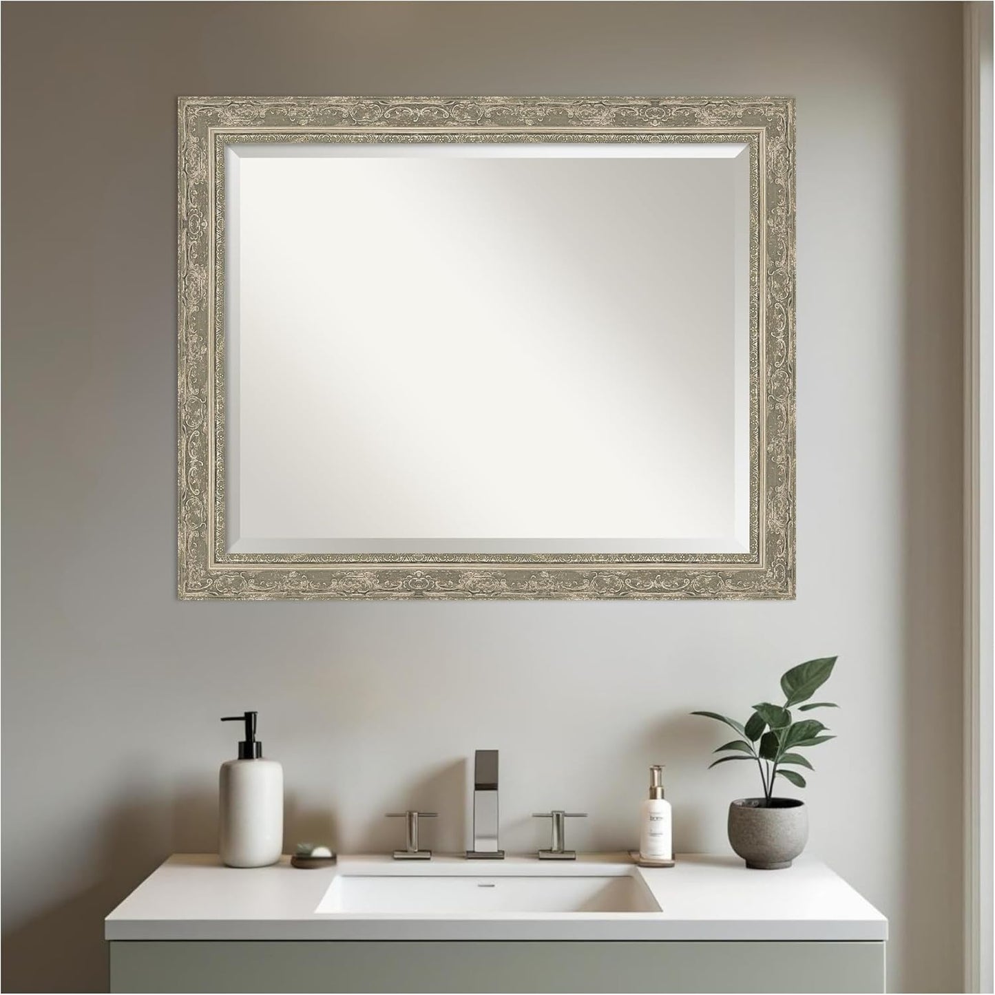 Amanti Art Bathroom Mirror for Over Sink, 27x33 Filigree Silver Rectangle Vanity Mirror, Large Traditional Frame, Hangs Horizonally and Vertically, Bathroom Wall Decor, Beveled Edge