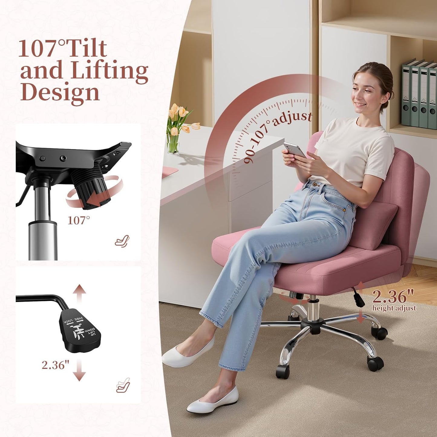 Warmiehomy Criss Cross Office Chair with Wheels, Velvet Cross-Legged Desk Chairs for Home, Height Adjustable Swivel Wide Seat Computer Chair, Modern Armless Vanity Chair for Girls Women, Rose Pink