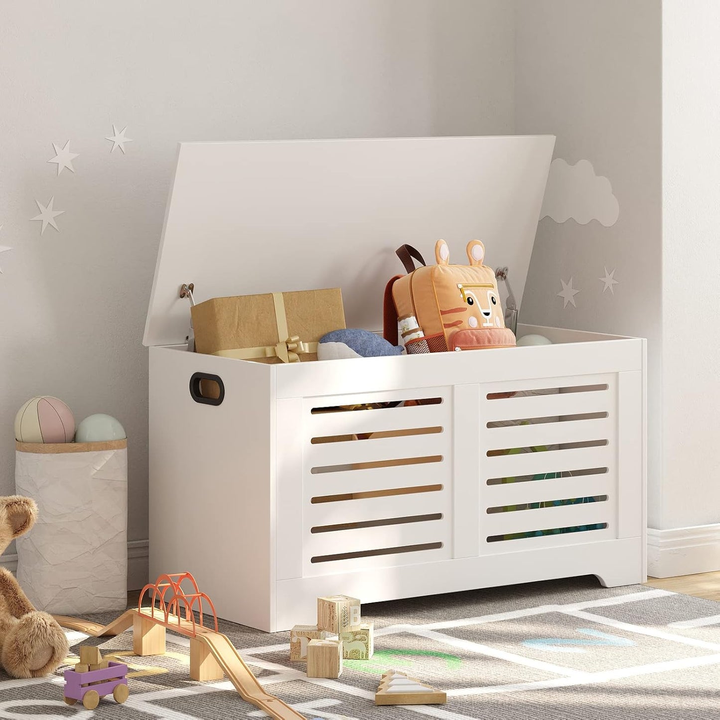 DINZI LVJ Storage Chest, 39.4”Wooden Toy Box with 2 Safety Hinges, Retro Entryway Shoe Storage Bench with Flip-Top, Sturdy Large Storage Trunk for Living Room, Bedroom, Easy Assembly, White