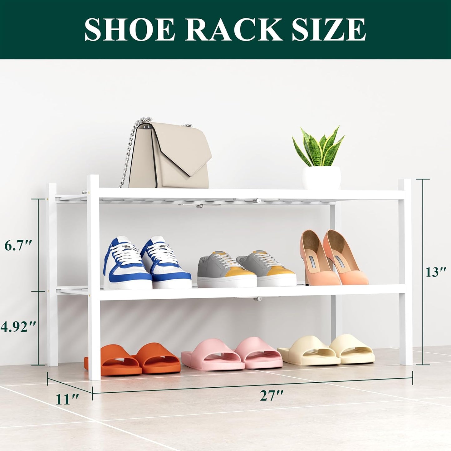 Smiry Shoe Rack, 2 Tier Thick Bamboo Shoe Organizer, Stackable Free Standing Wooden Shoe Storage Shelf for Closet, Entryway, Front Door Entrance, White