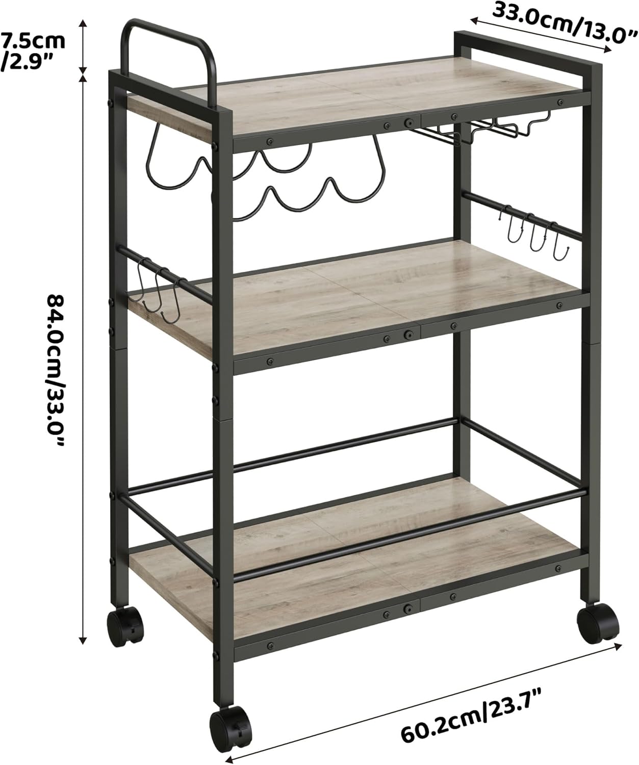 Home Bar Serving Cart, Serving Cart with Wheels and Handle, 3 Tier Rolling Kitchen Cart, MicrowaveCart, Beverage Cart with Wine Holder and Glass Holders, for Dinning Room, Living Room, Kitchen,Greige