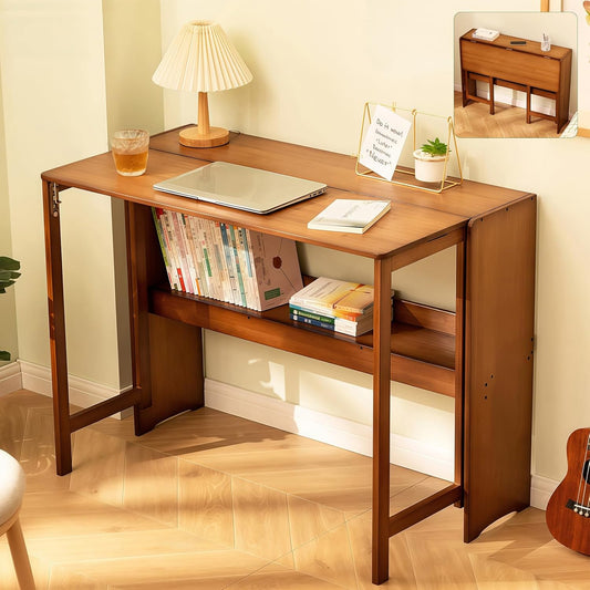 Bamboo Folding Desk Mid Century Modern Desk for Home Office Bedroom Small Spaces, Brown，40.55" Long Desktop