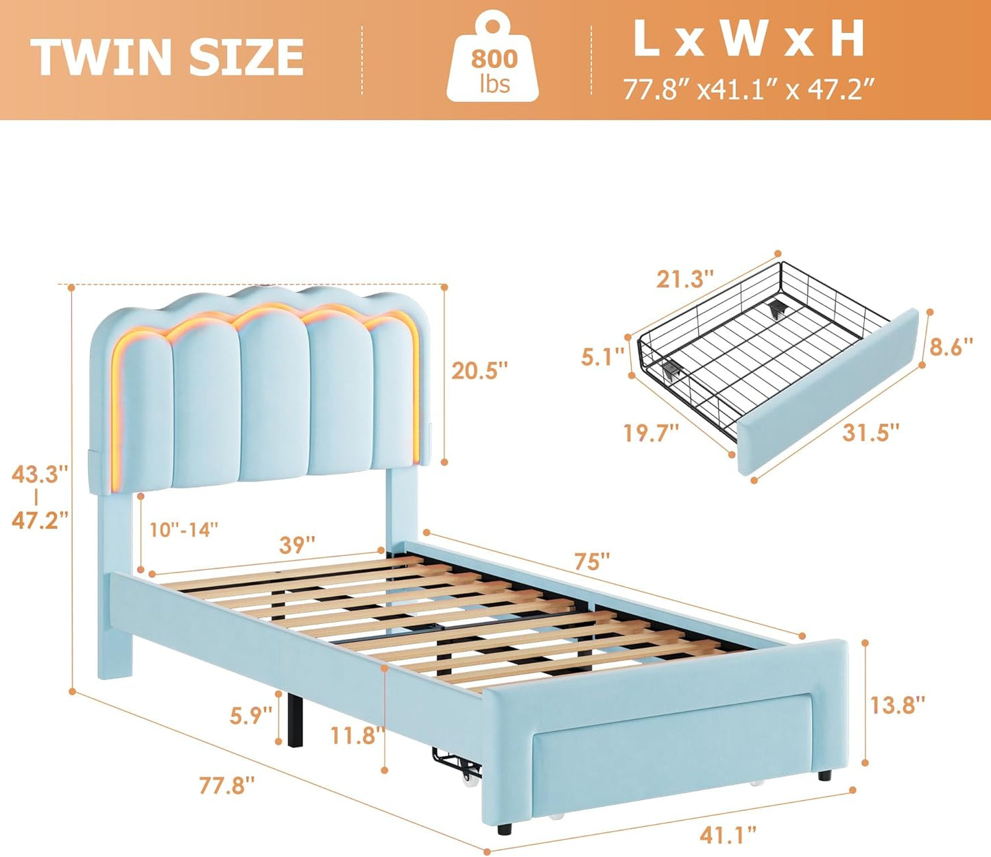 Twin Upholstered LED Bed Frame with Storage Drawer and Adjustable Chic Double Wavy Headboard, Velvet Princess Platform Bed for Kids/Girls, Solid Wood Slats Support, No Box Spring Needed, Blue