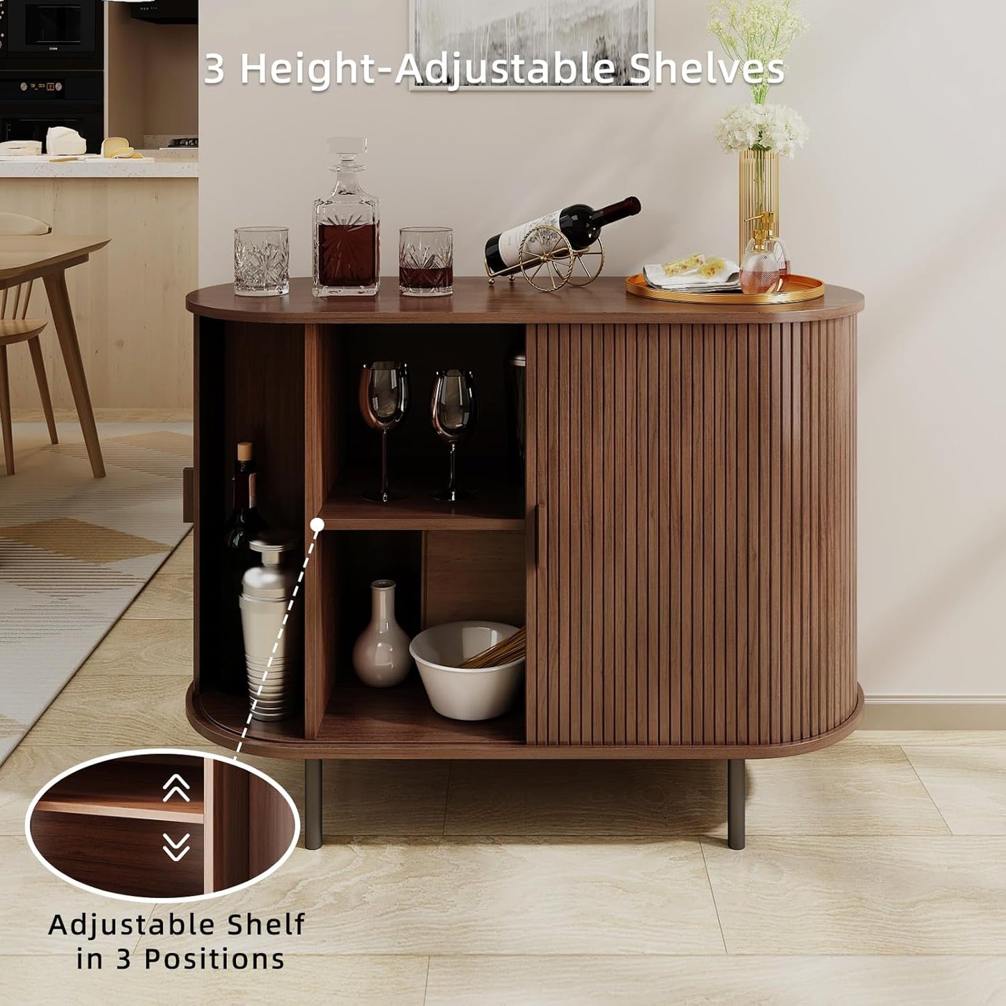 Buffet Sideboard Cabinet with Storage, 40" Fluted Cabinet with Sliding Door & Adjustable Shelf, Modern Accent Coffee Bar Console Table for Kitchen, Entryway, Walnut