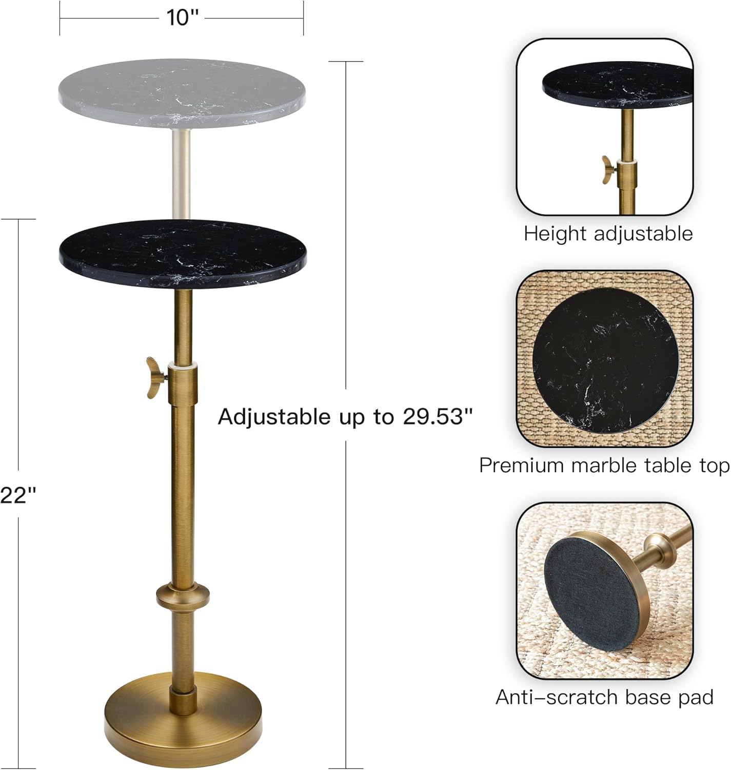 Adjustable-Height Marble Drink Table - 10x10x22-30, Black Marble & Antique Brass, Modern Round End Table, Side Table with Pedestal Stand for Small Spaces, Vintage Metal Martini Cocktail Accent