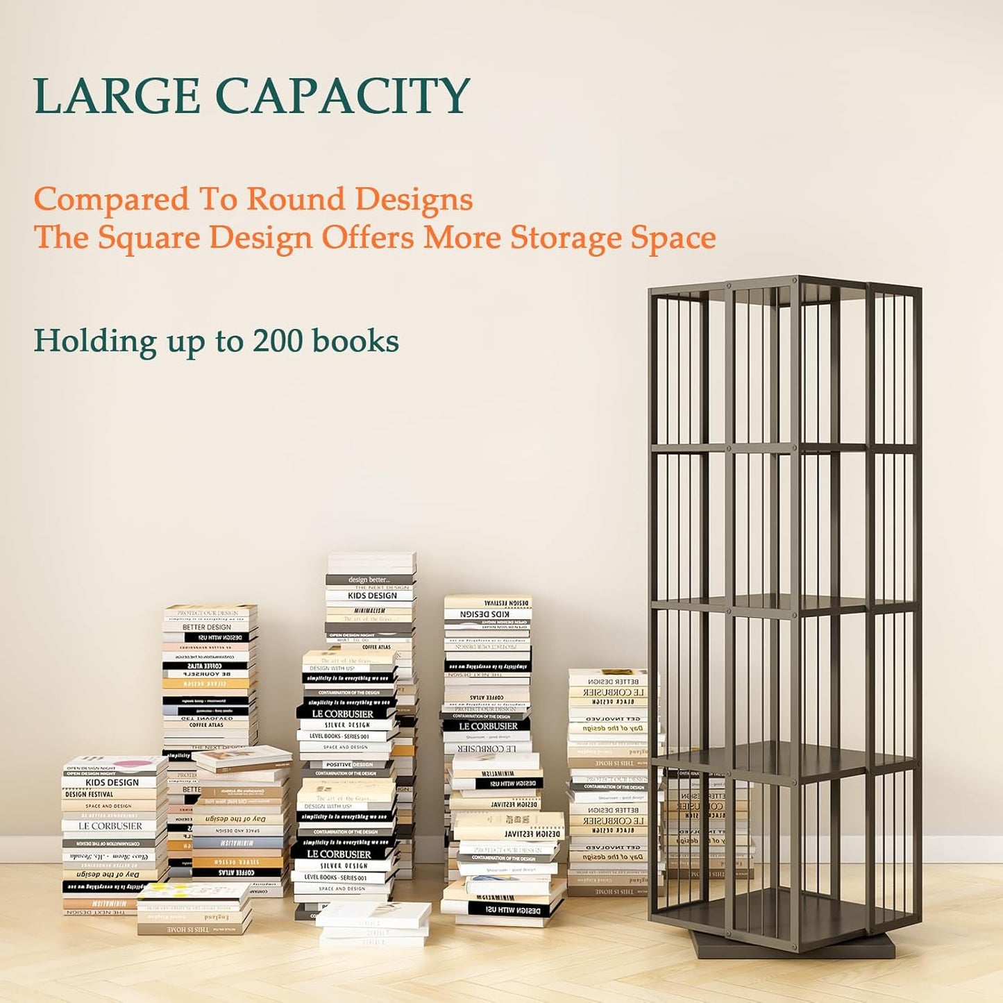Square Rotating Bookshelf Tower - 360 Spinning Display Corner Bookcase for Narrow Space, Modern 4-Tier Revolving Storage Shelf, Black