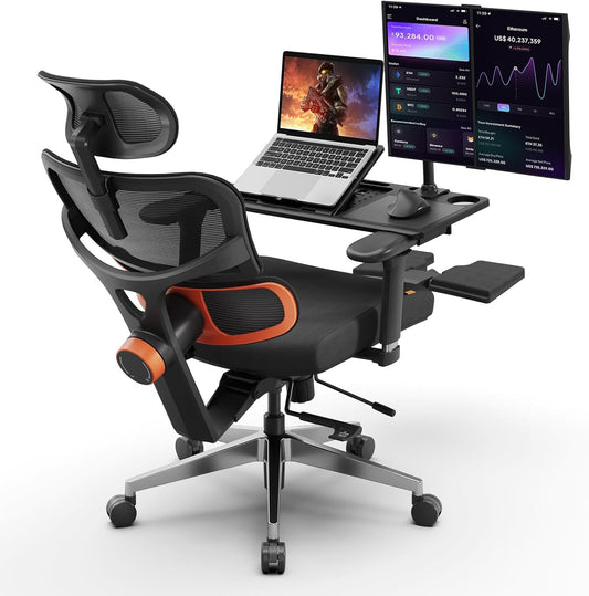 Newtral Office Chair Ergonomic - Home Office Desk Chair, Auto-Following Lumbar Support, 4D Armrest, Seat Depth and Height Adjustable for Long Time Sitting (with Footrest + Laptop Tray, Black)