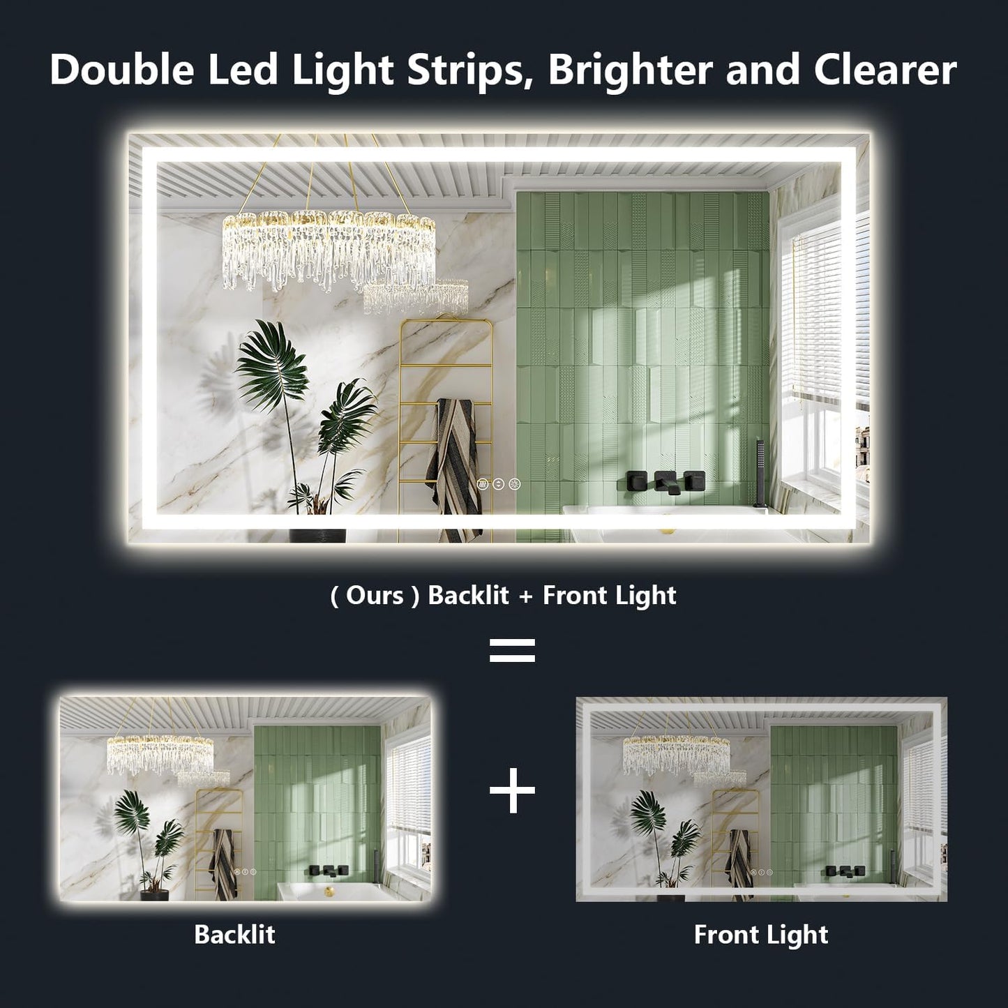60x38 Inch LED Bathroom Mirror with Lights Front and Backlit Lighted Vanity Mirror for Bathroom Wall with 3 Colors Dimmable Anti-Fog Memory Shatter-Proof IP54 Waterproof Horizontal/Vertical