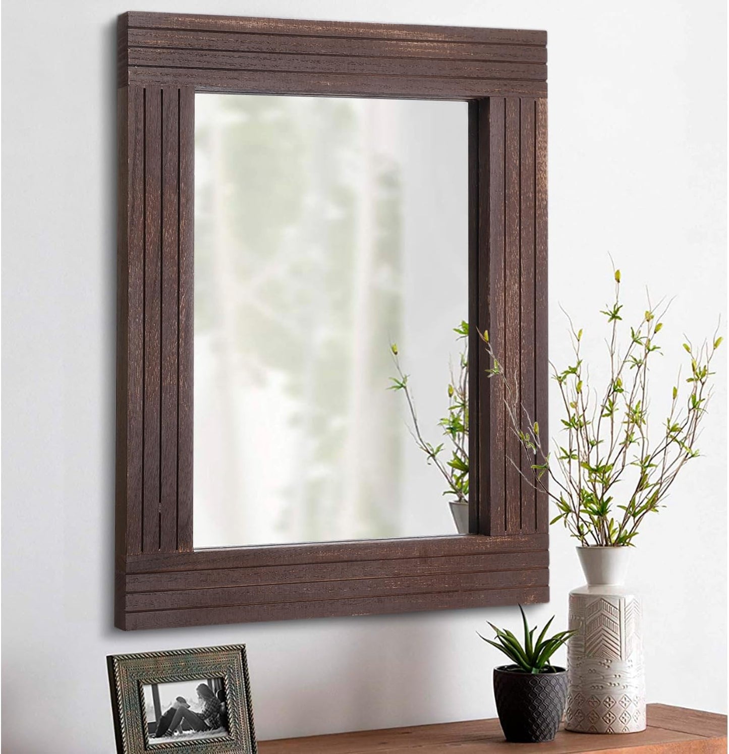Mirrors for Wall Rustic Wooden Frame Rectangle Mirror Vintage Hanging Mirror for Bedroom Bathroom Living Room Farmhouse Wall Decor Brown Small 16" x 12 "