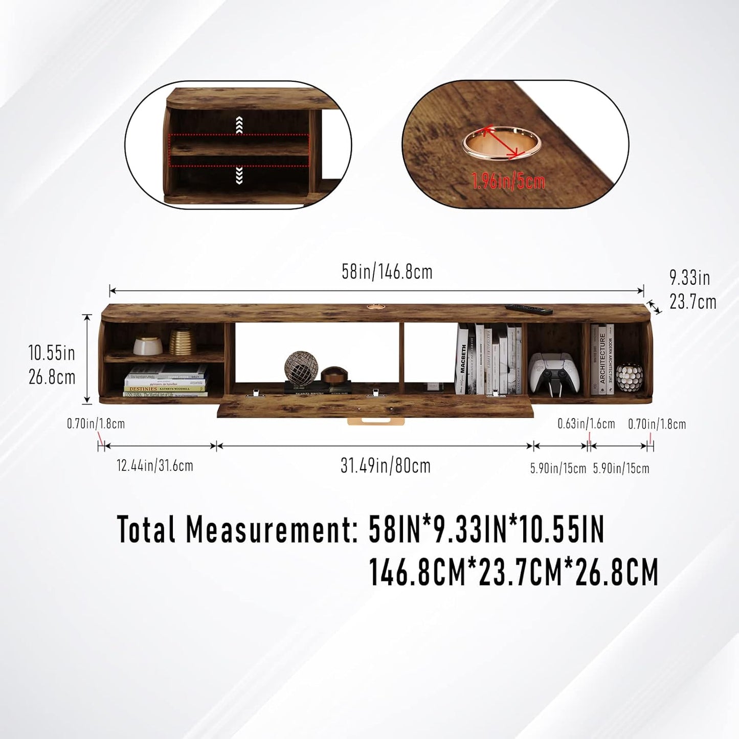 Floating TV Unit, 58'' Wall Mounted TV Cabinet, Floating Shelves with 4 Cabinets, Wooden Entertainment Media Console Center Large Storage TV Bench for Living Room & Office (Rustic Brown)