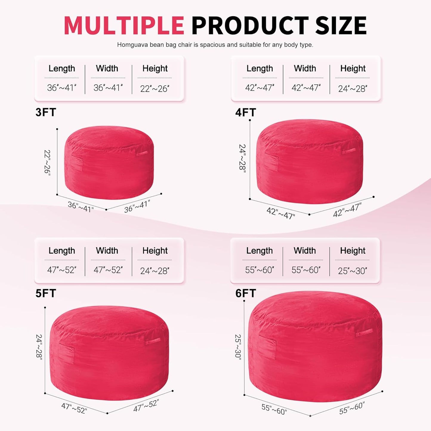 Homguava 3FT Bean Bag Chair: 3' Bean Bags with Memory Foam Filled, Large Beanbag Chairs Soft Sofa with Dutch Velvet Cover-Pink