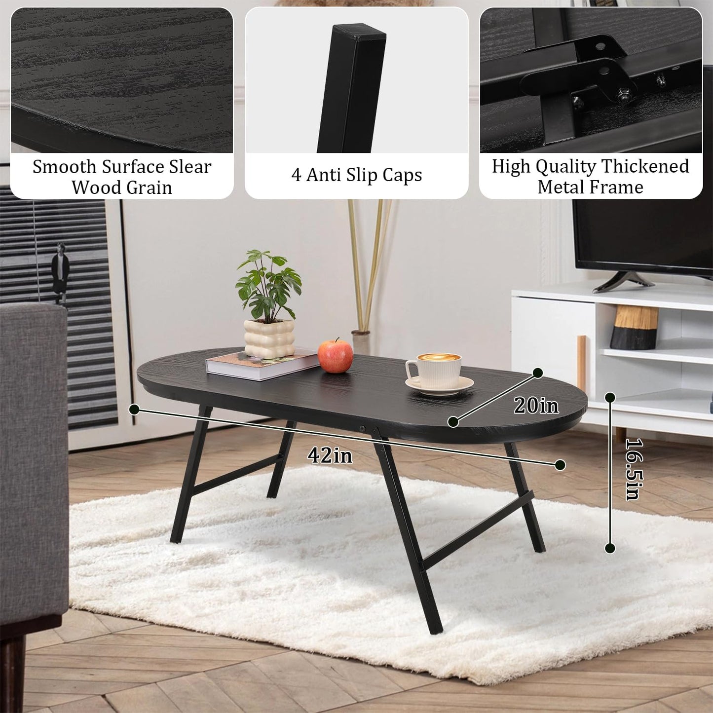Black Small Coffee Table Wooden Oval Folding Low Coffee Tables with Metal Legs Portable Floor Table Desk for Living Room Small Spaces Apartment Oudoor Use