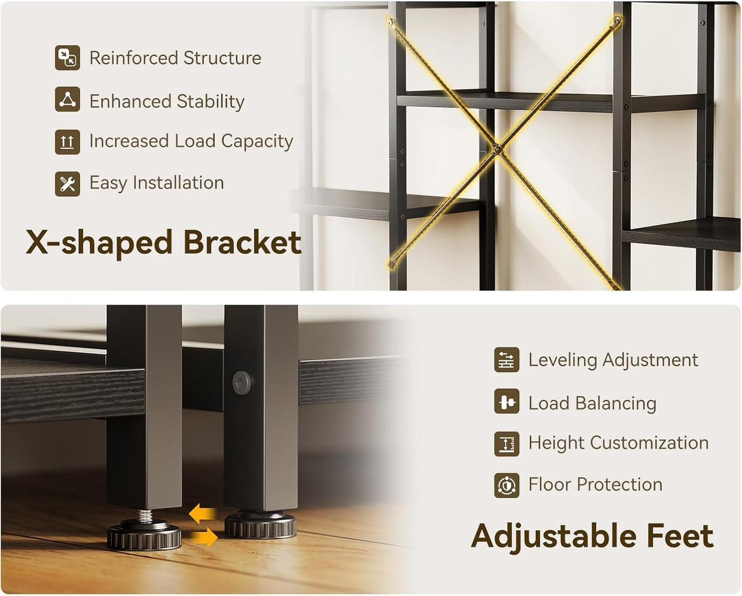 Casaottima Triple 4 Tier Bookshelf, Large Bookcase with 11 Open Display Shelves, Modern Industrial Book Shelves Book Case for Bedroom, Wide Standing Shelving Unit for Living Room Home Office, Black