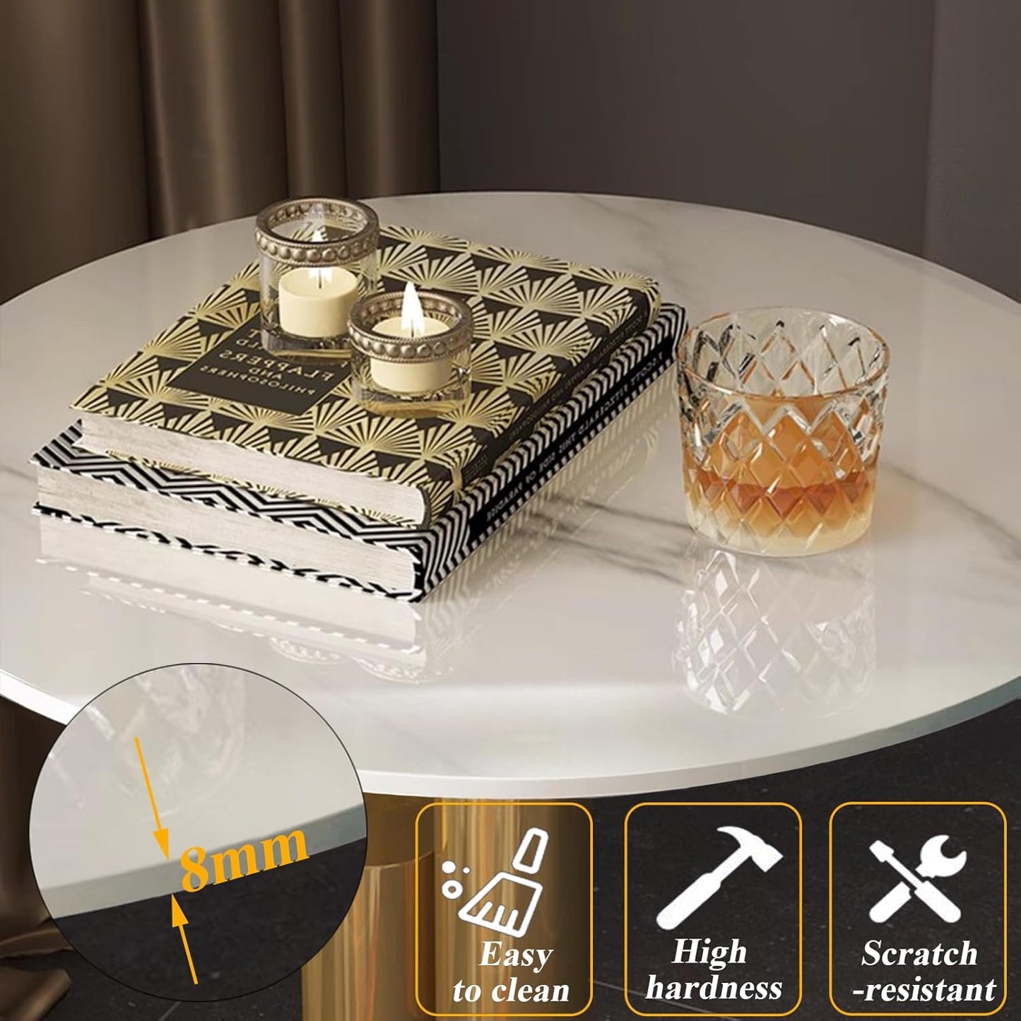 White Gold Round Side Table, 19.7" Faux Marble Sofa End Table, Modern Nightstand, Small Accent Table with Stainless Steel Ball/Cylindrical Frame, for Living Bedroom Office (Gold, 50cm/19.7")