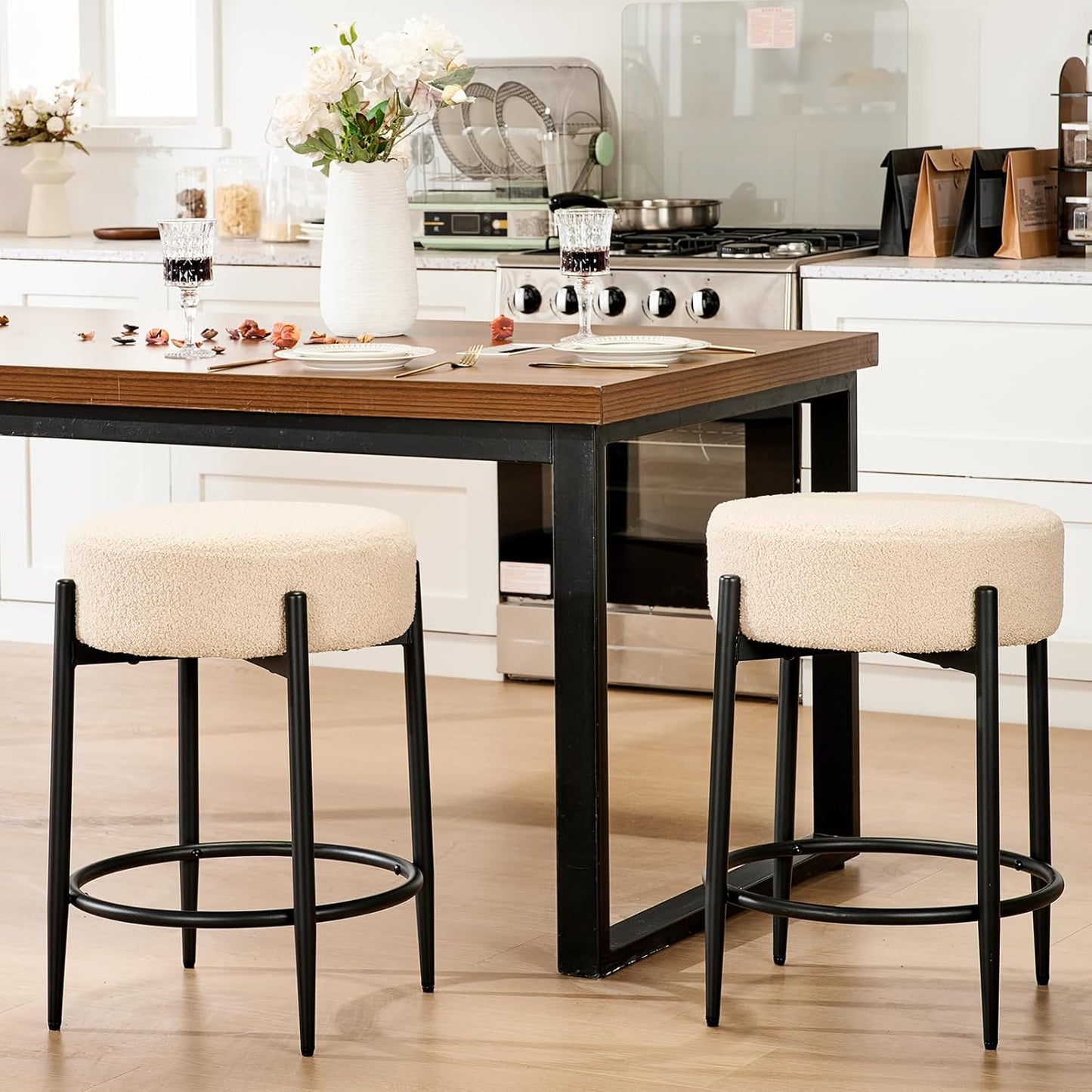 Dining Chairs Set of 2, 23.6" Backless Kitchen Living Room Chair，Mid Century Modern Chairs with Round Soft Beige Boucle Padded & Solid Metal Legs