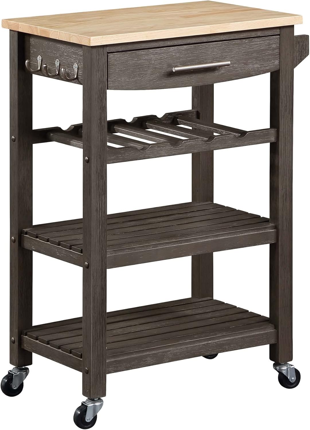 Convenience Concepts Ellaine 4 Tier Kitchen Cart with Drawer and Wine Rack, 24.75 x 16.5 x 34.5, Wirebrush Dark Gray/Butcher Block