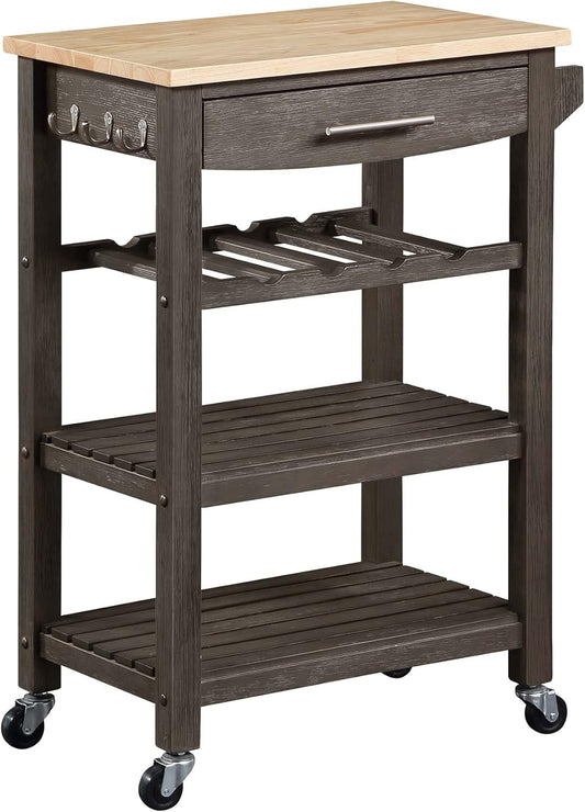 Convenience Concepts Ellaine 4 Tier Kitchen Cart with Drawer and Wine Rack, 24.75 x 16.5 x 34.5, Wirebrush Dark Gray/Butcher Block