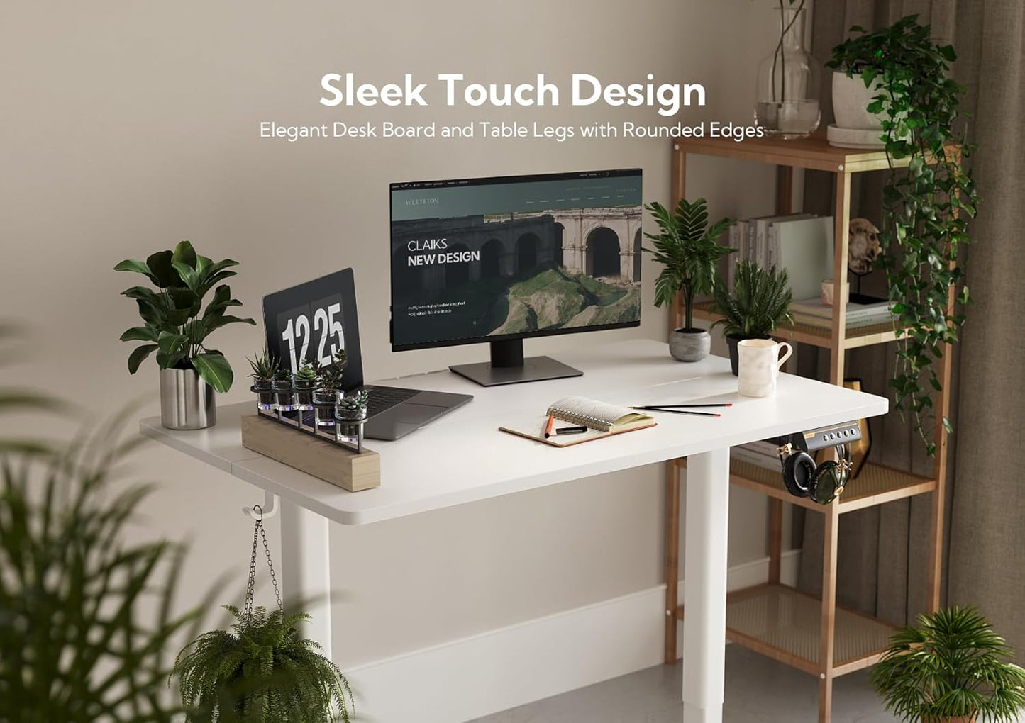 Claiks Electric Standing Desk, Adjustable Height Stand up Desk, 48x24 Inches Sit Stand Home Office Desk with Splice Board, White Frame/White Top