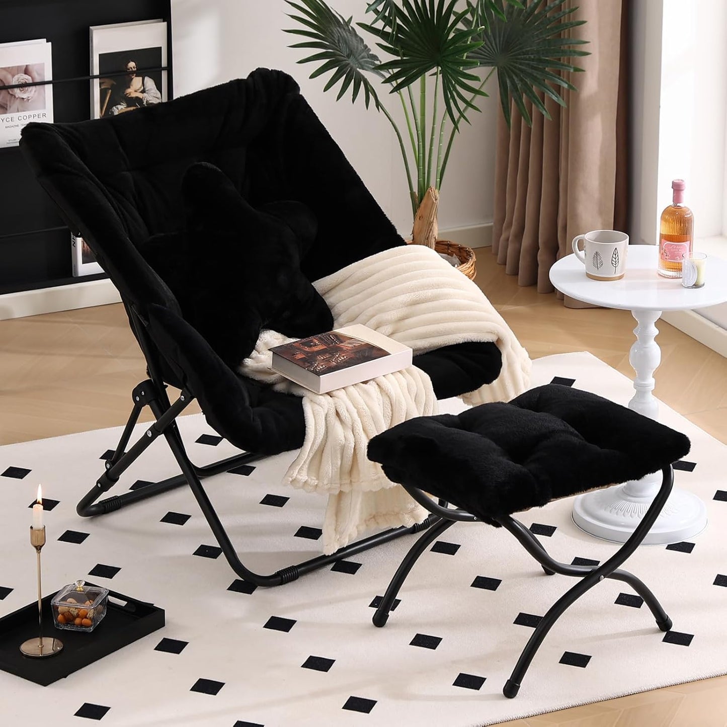 Welnow Comfy Saucer Chair with Ottoman, Oversized Folding Reading Chair for Adults with Throw Pillow Soft Faux Fur Lounge Chair for Bedroom Furry Accent Chair for Living Room, Dorm Rooms, Black